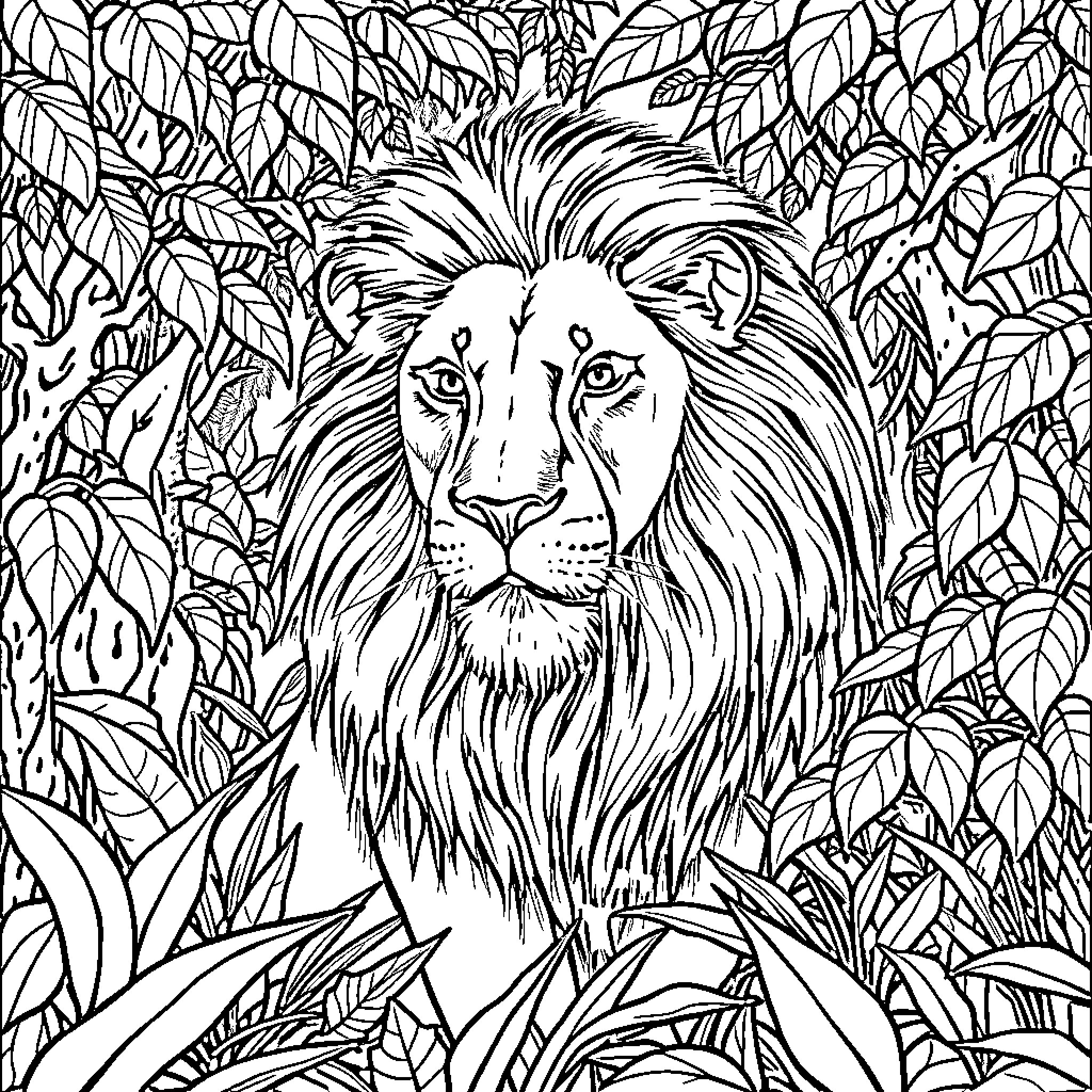 Lion in the Lush Foliage Coloring Page (free black-and-white line drawing printable PDF for all, from beginners to advanced learners, including children, teens, adults, and seniors)