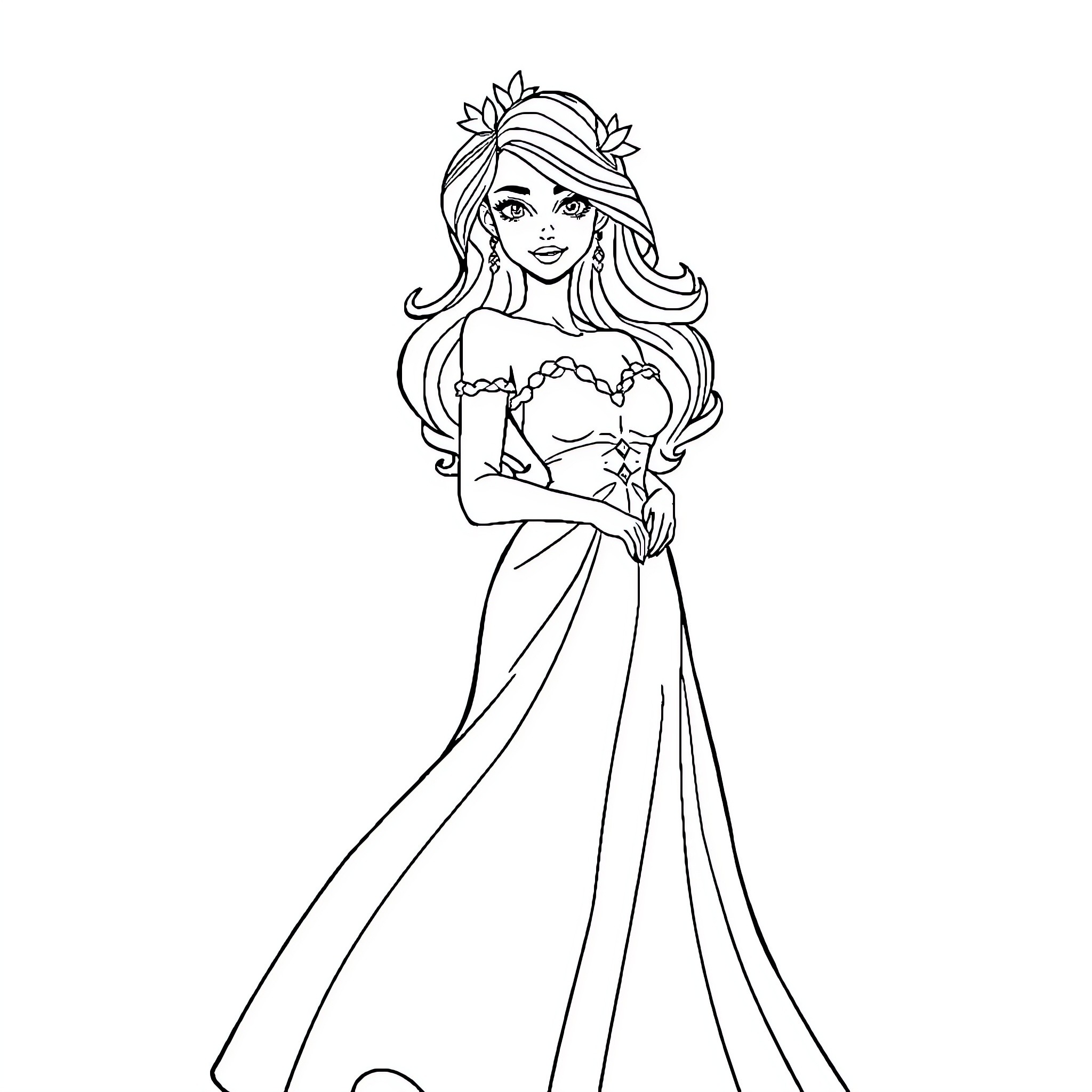 Fraise: Elegant Maiden's Enchanting Stroll Coloring Page (free black-and-white line drawing printable PDF for all, from beginners to advanced learners, including children, teens, adults, and seniors)