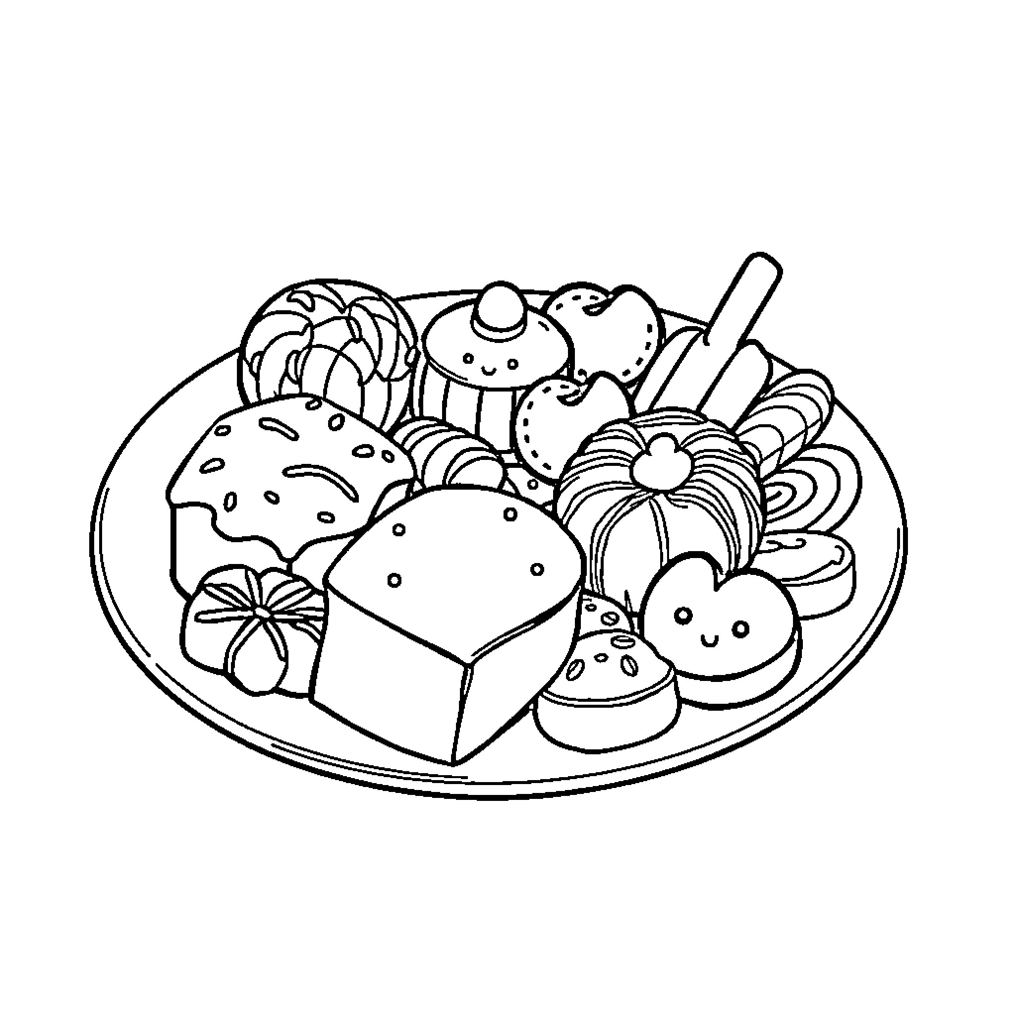 Sweet Treats on Display Coloring Page (free black-and-white line drawing printable PDF for all, from beginners to advanced learners, including children, teens, adults, and seniors)