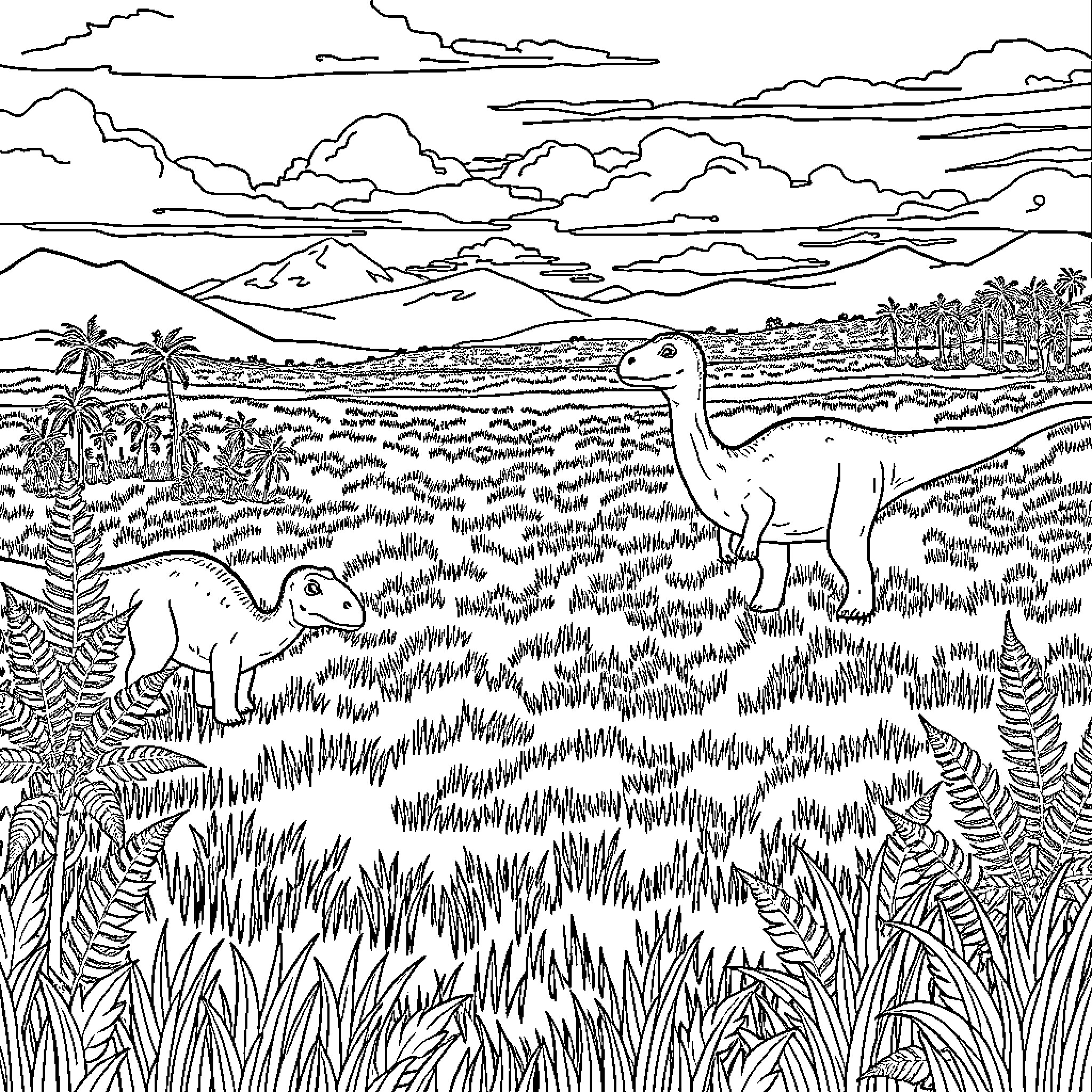 Dinosaurs roaming in prehistoric landscape Coloring Page (free black-and-white line drawing printable PDF for all, from beginners to advanced learners, including children, teens, adults, and seniors)