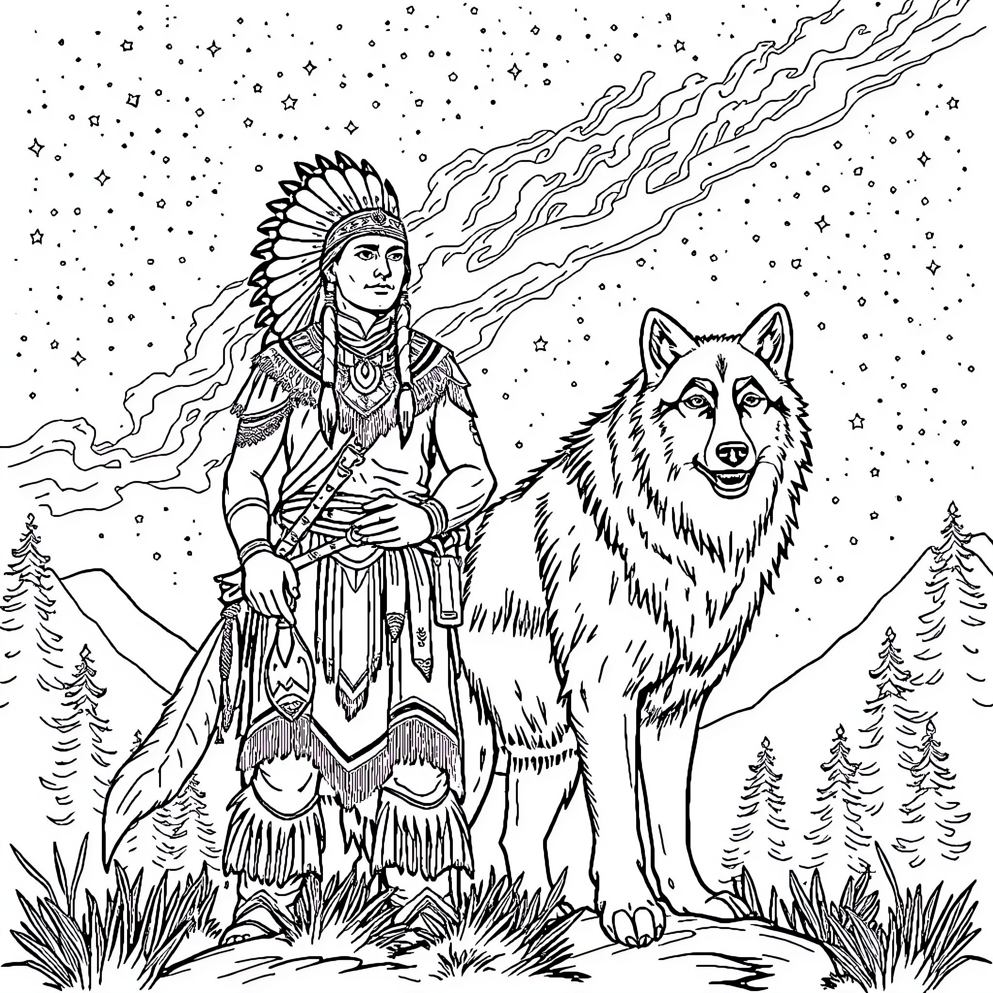 Indian and Wolf in Snowy Forest Coloring Page (free black-and-white line drawing printable PDF for all, from beginners to advanced learners, including children, teens, adults, and seniors)