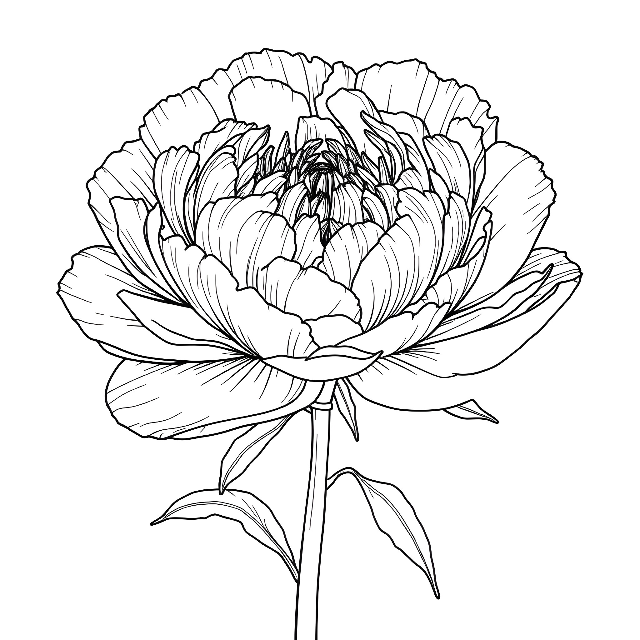 Peony flower in detailed black and white illustration Coloring Page (free black-and-white line drawing printable PDF for all, from beginners to advanced learners, including children, teens, adults, and seniors)