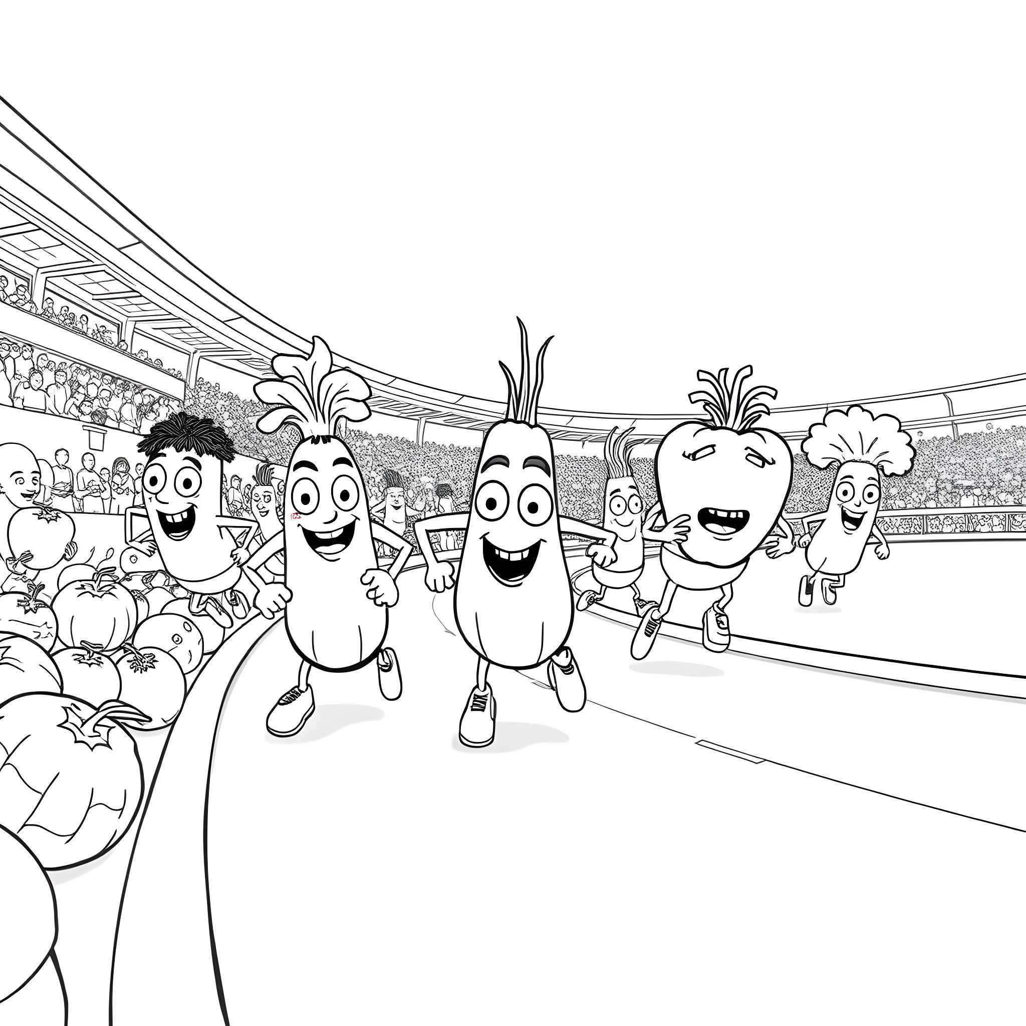 Vegetable characters racing in a stadium Coloring Page (free black-and-white line drawing printable PDF for all, from beginners to advanced learners, including children, teens, adults, and seniors)