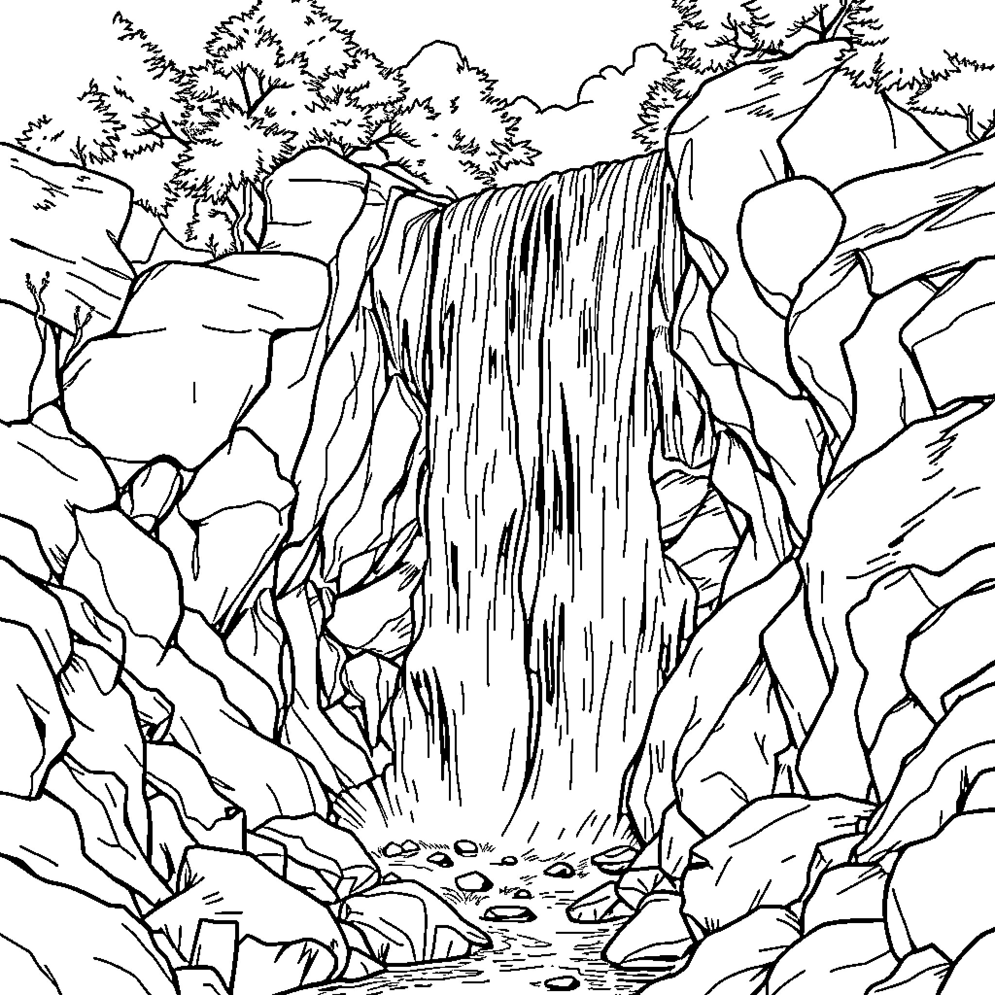 Fall Serenity in the Cascading Wilderness Coloring Page (free black-and-white line drawing printable PDF for all, from beginners to advanced learners, including children, teens, adults, and seniors)