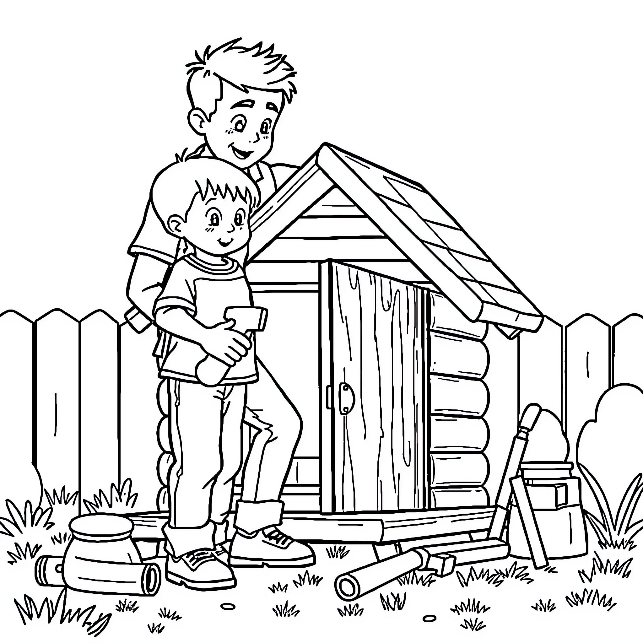 Kid Playing with Sibling Near Wooden Cabin Coloring Page (free black-and-white line drawing printable PDF for all, from beginners to advanced learners, including children, teens, adults, and seniors)