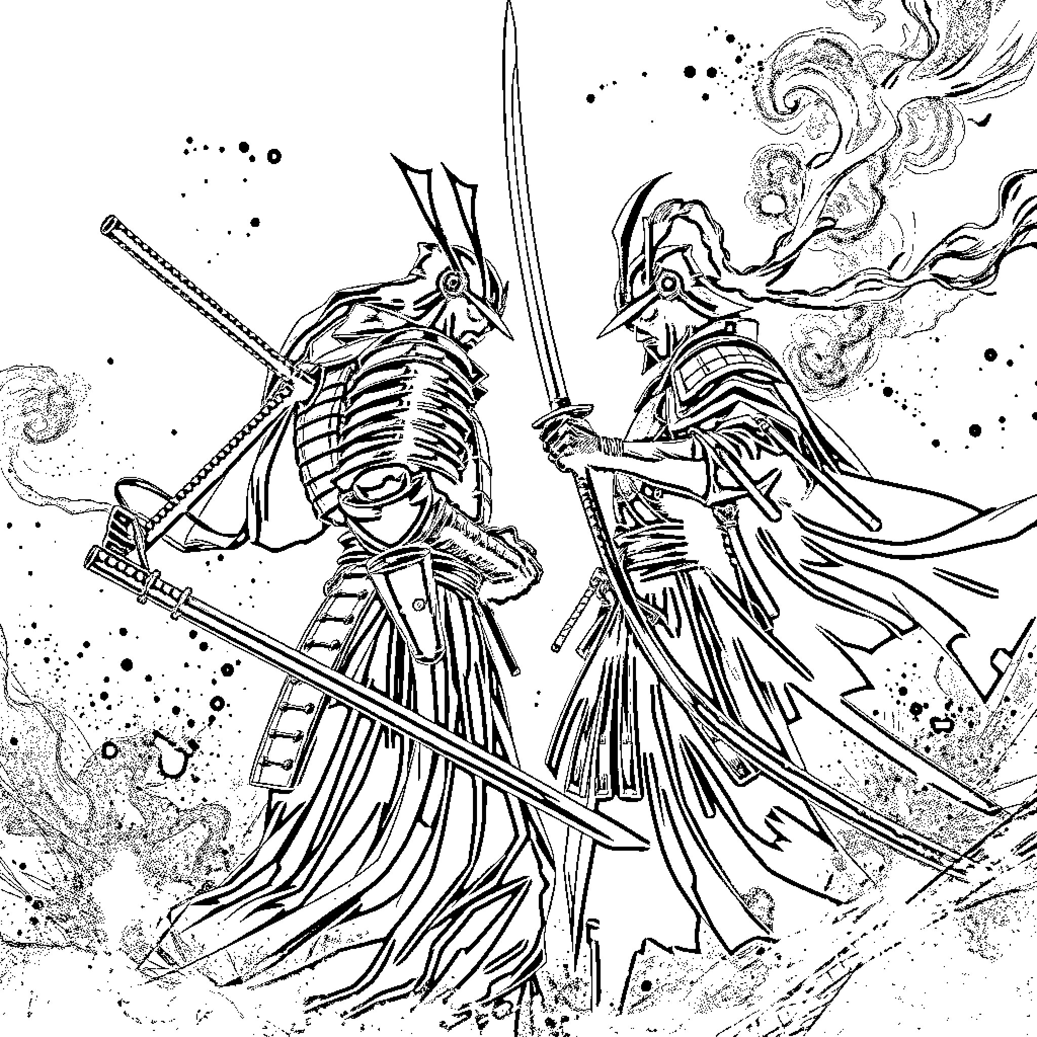 Samurai Warriors Engaged in Fierce Battle Coloring Page (free black-and-white line drawing printable PDF for all, from beginners to advanced learners, including children, teens, adults, and seniors)