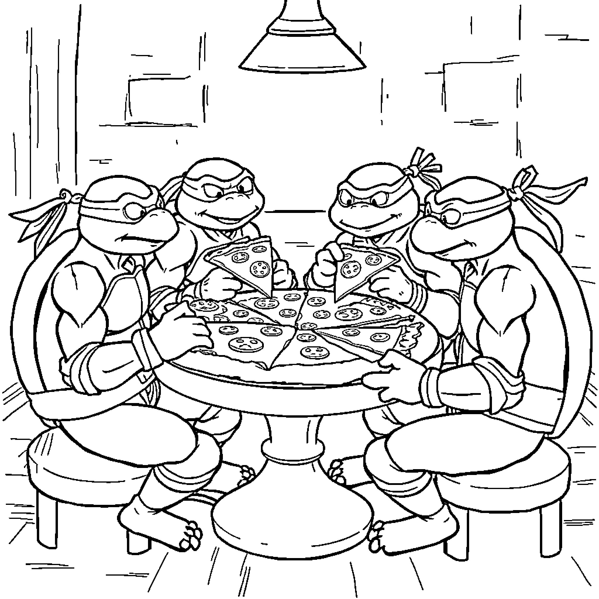 Ninja Turtles enjoying a pizza night together Coloring Page (free black-and-white line drawing printable PDF for all, from beginners to advanced learners, including children, teens, adults, and seniors)