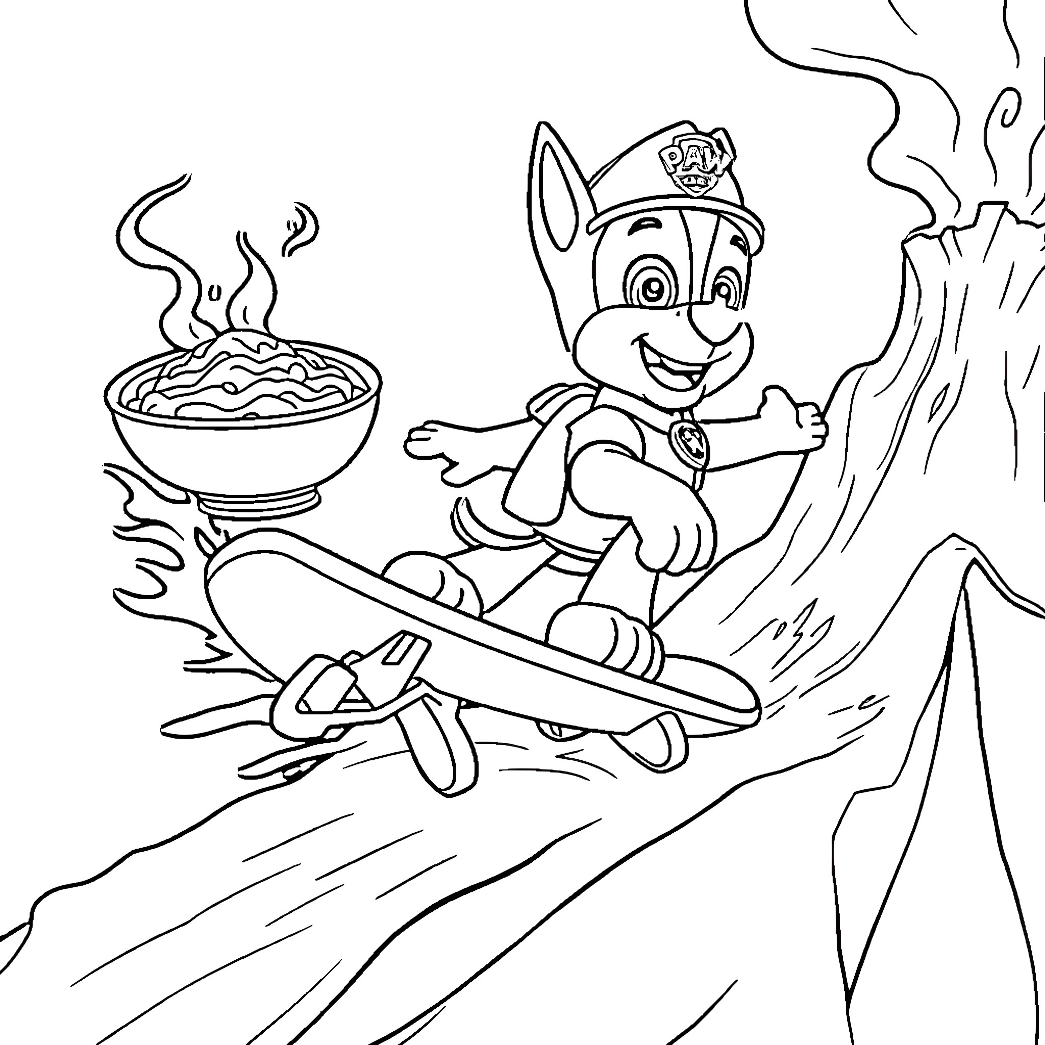Chase through the Snowy Landscape with Warm Meal Coloring Page (free black-and-white line drawing printable PDF for all, from beginners to advanced learners, including children, teens, adults, and seniors)