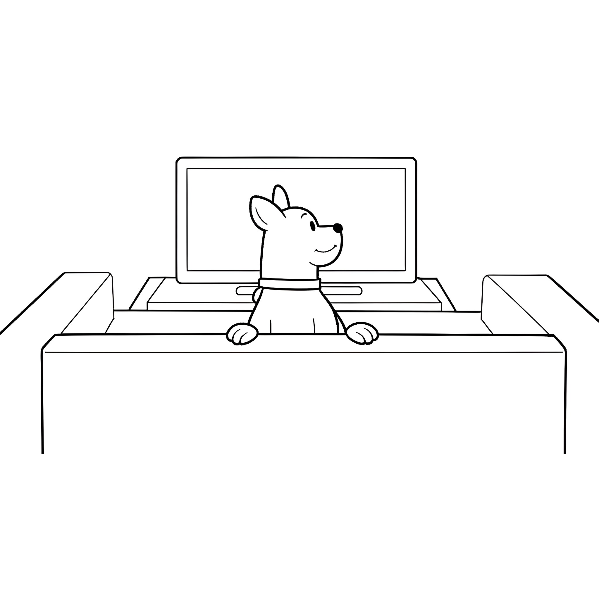 Pitbull watching a movie on the computer Coloring Page (free black-and-white line drawing printable PDF for all, from beginners to advanced learners, including children, teens, adults, and seniors)