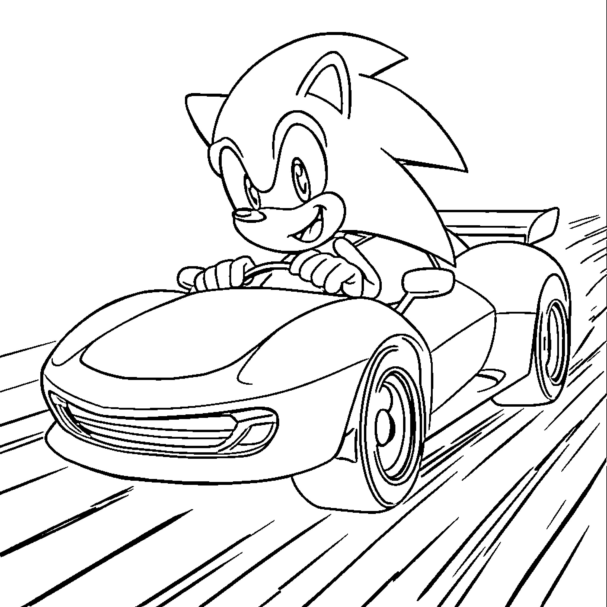 Sonic speeding in a sleek car Coloring Page (free black-and-white line drawing printable PDF for all, from beginners to advanced learners, including children, teens, adults, and seniors)