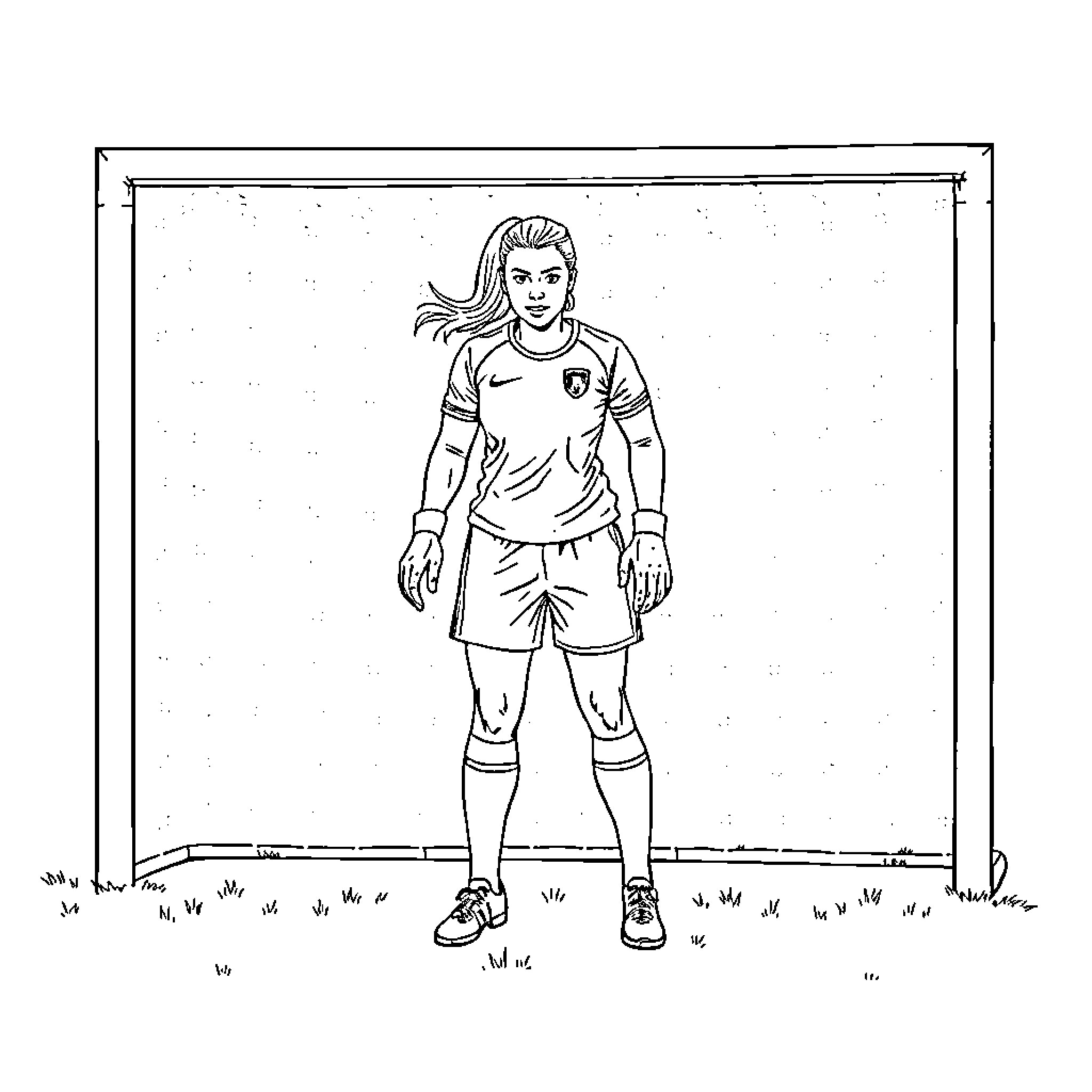 Goalkeeper in action on the field Coloring Page (free black-and-white line drawing printable PDF for all, from beginners to advanced learners, including children, teens, adults, and seniors)