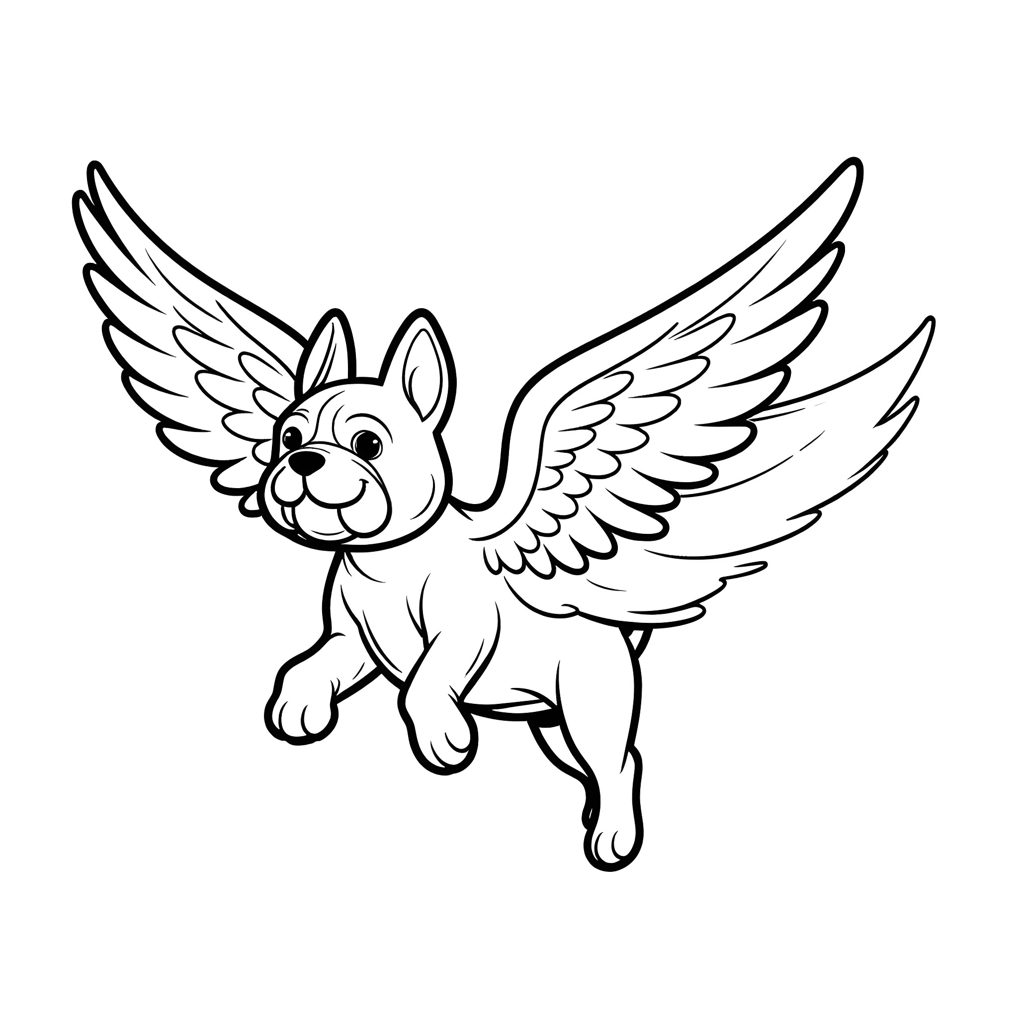 English Bulldog with angel wings flying Coloring Page (free black-and-white line drawing printable PDF for all, from beginners to advanced learners, including children, teens, adults, and seniors)