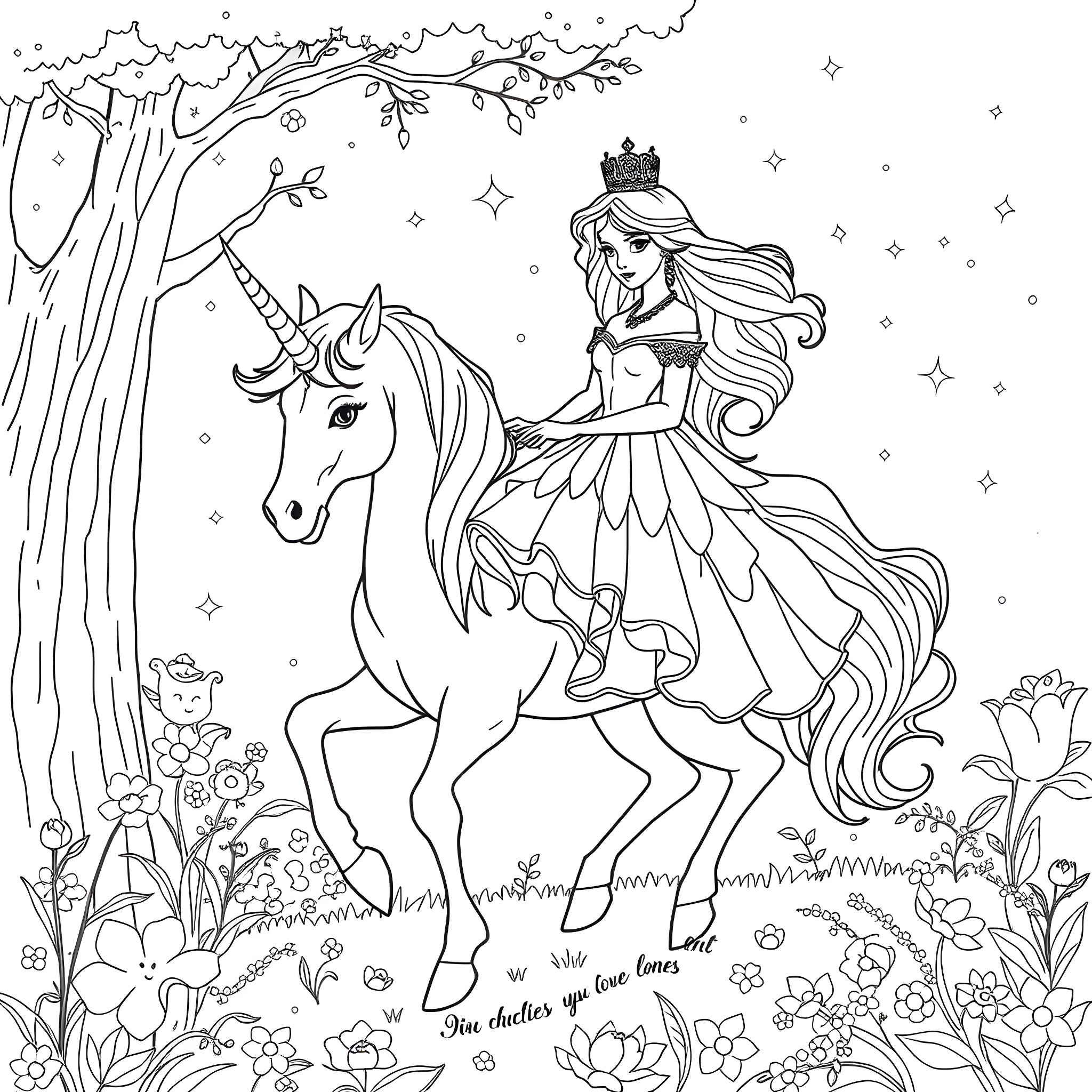 Princess Riding a Magical Unicorn in a Enchanted Forest Coloring Page (free black-and-white line drawing printable PDF for all, from beginners to advanced learners, including children, teens, adults, and seniors)