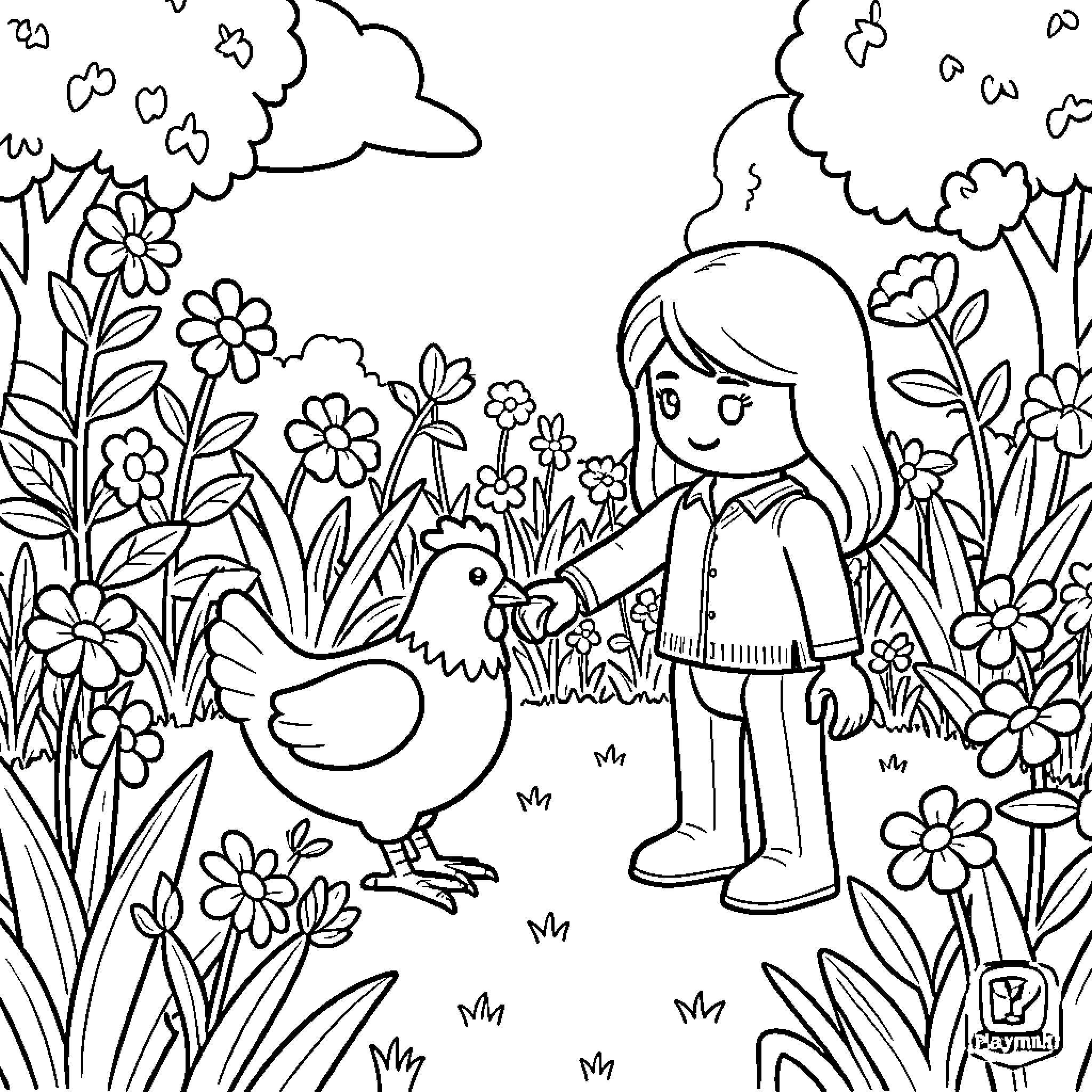 Playmobil Girl feeding a chicken in a garden Coloring Page (free black-and-white line drawing printable PDF for all, from beginners to advanced learners, including children, teens, adults, and seniors)