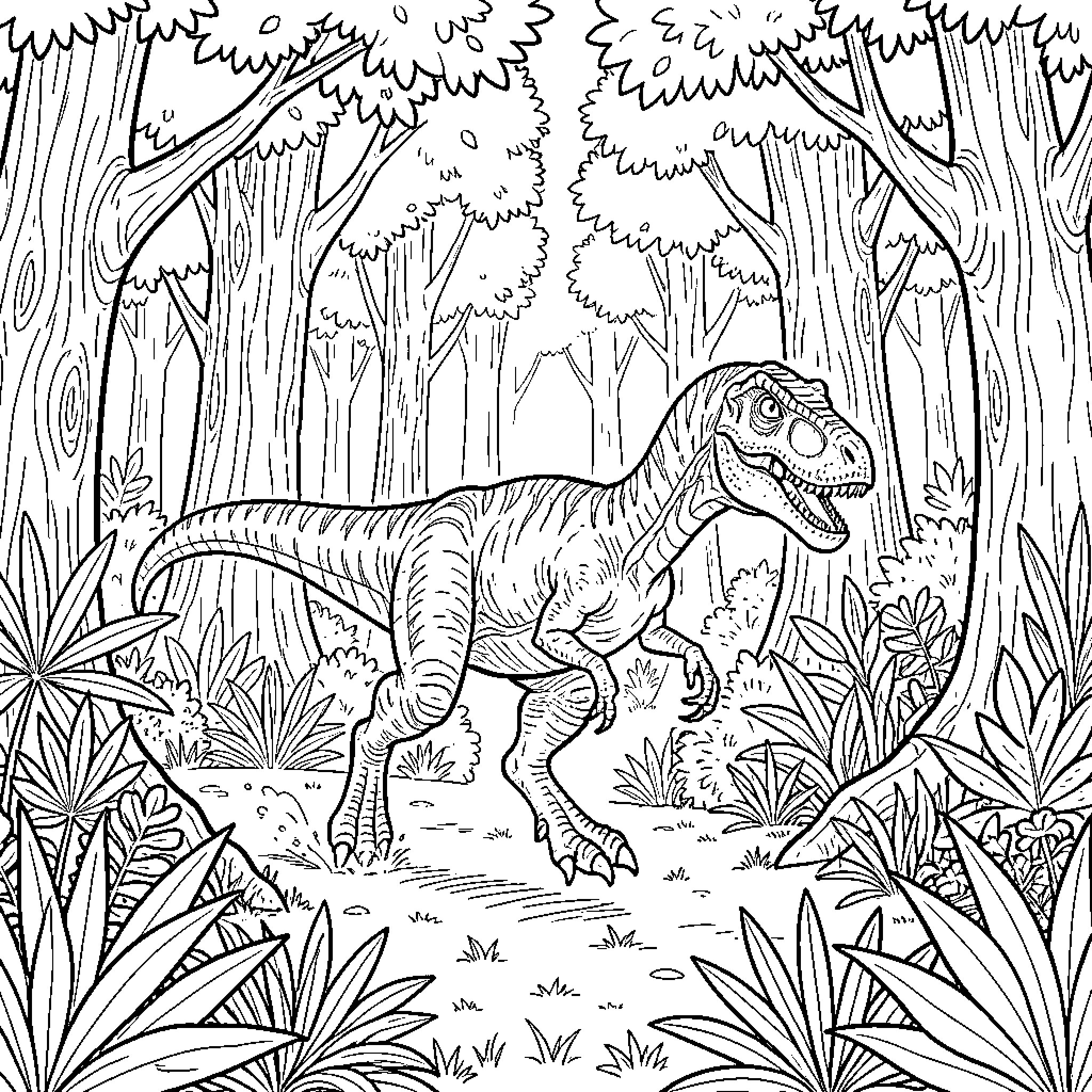 Velociraptor walking through a dense prehistoric jungle Coloring Page (free black-and-white line drawing printable PDF for all, from beginners to advanced learners, including children, teens, adults, and seniors)
