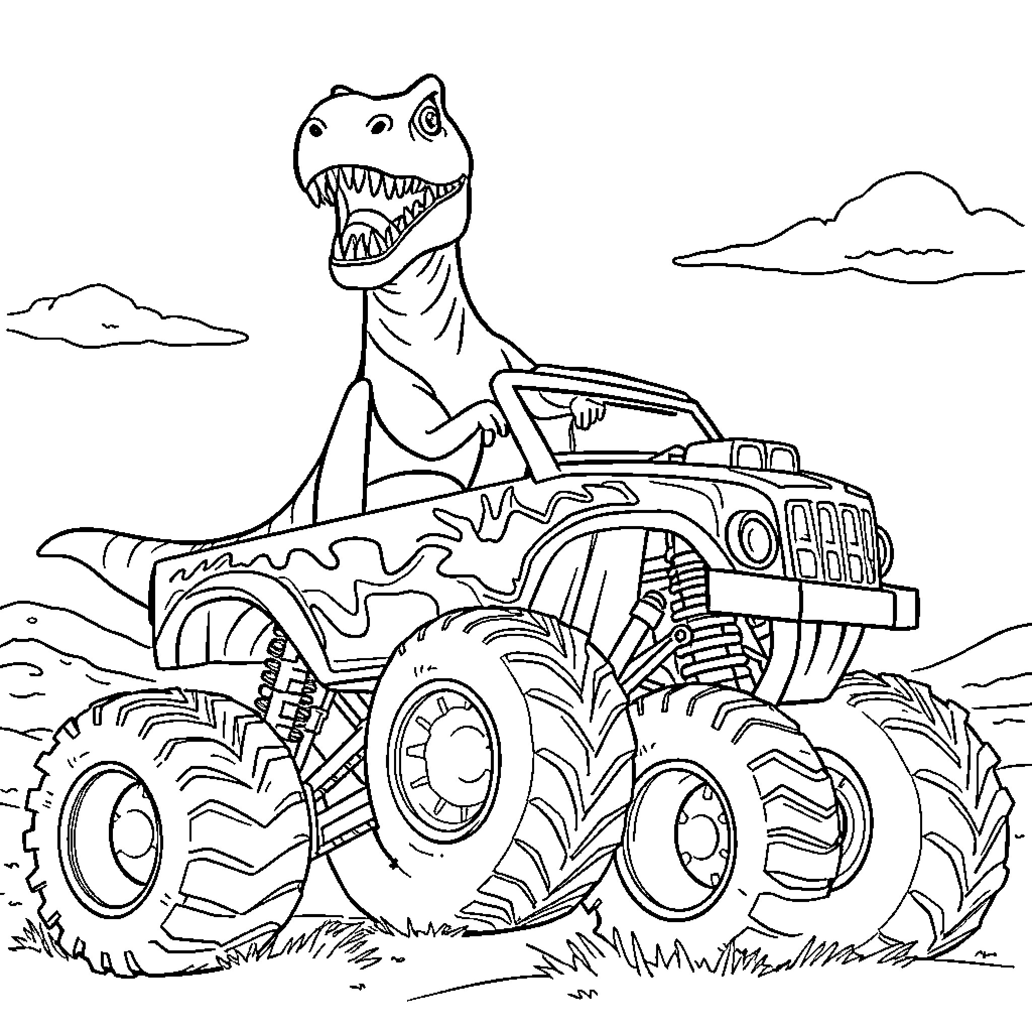 Dinosaur driving a monstrous off-road vehicle Coloring Page (free black-and-white line drawing printable PDF for all, from beginners to advanced learners, including children, teens, adults, and seniors)