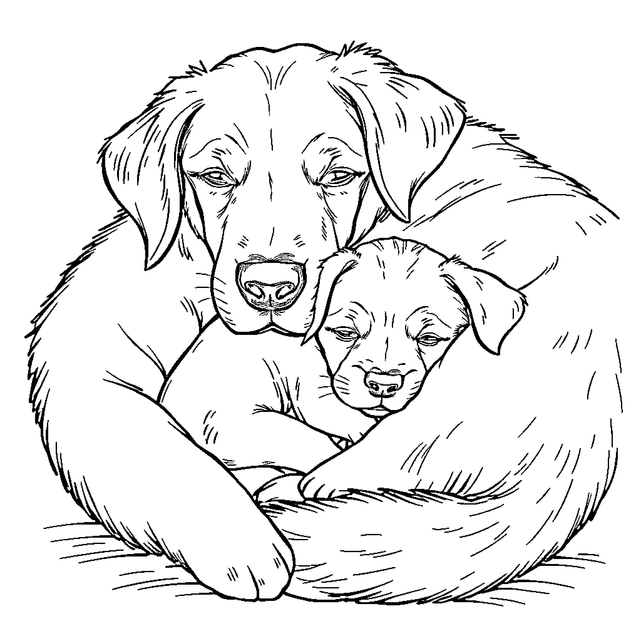 Puppy companions cuddling together Coloring Page (free black-and-white line drawing printable PDF for all, from beginners to advanced learners, including children, teens, adults, and seniors)