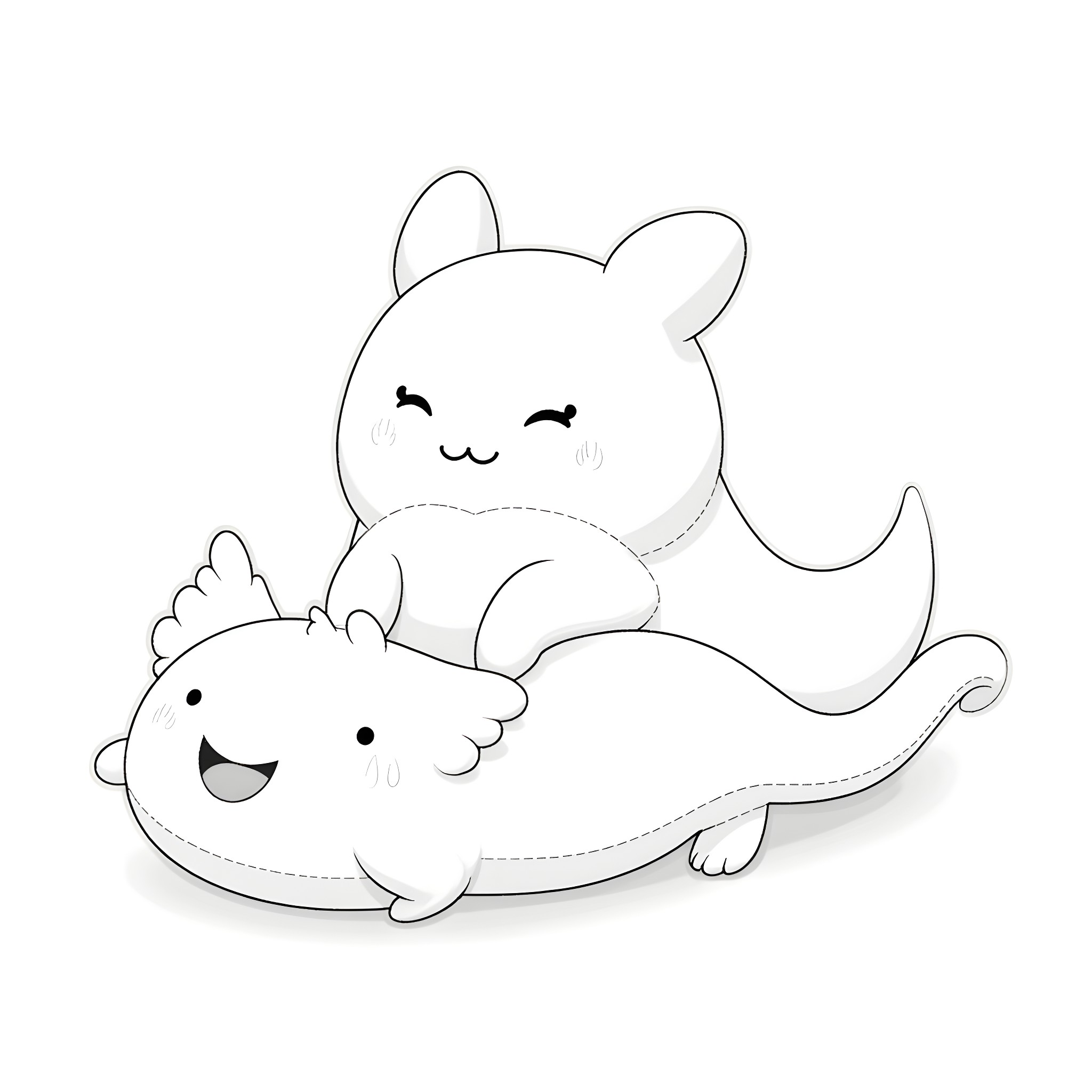 Squishmallow friends enjoying a cozy moment Coloring Page (free black-and-white line drawing printable PDF for all, from beginners to advanced learners, including children, teens, adults, and seniors)