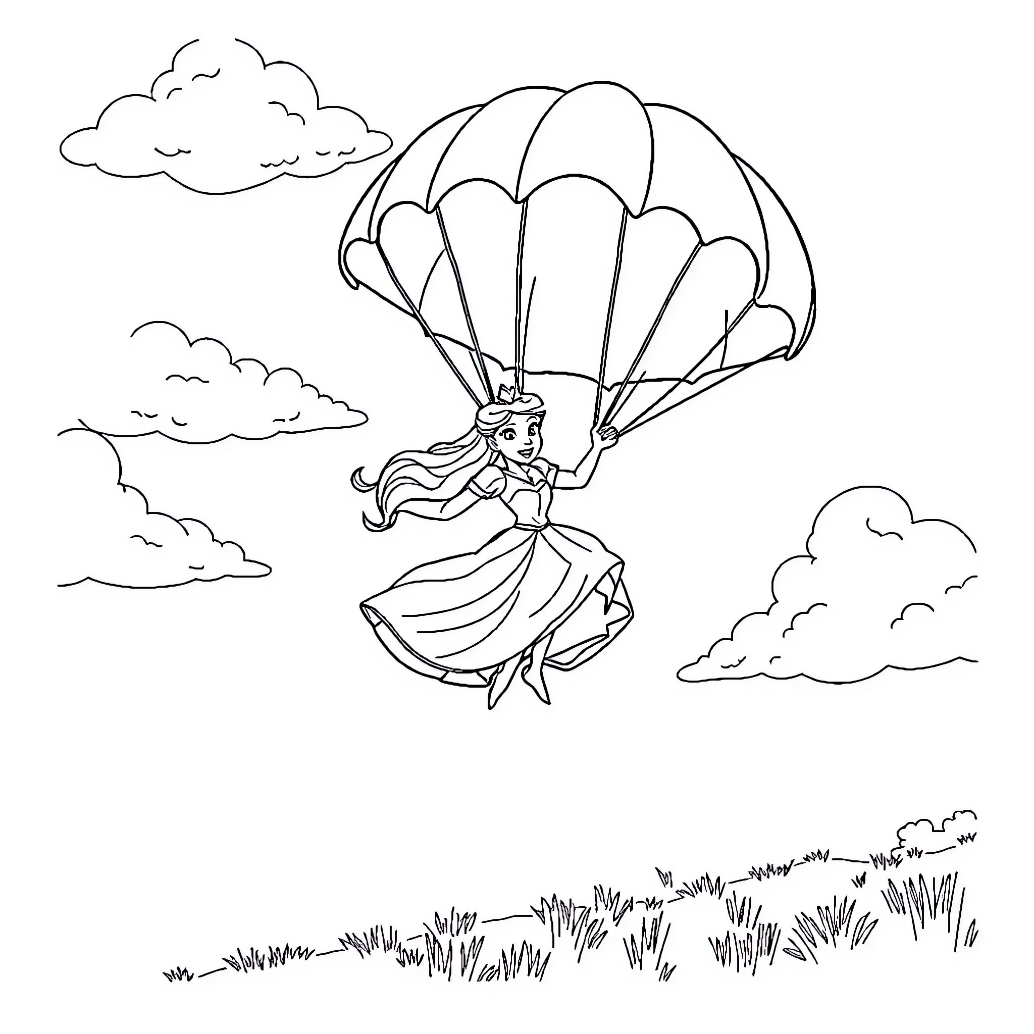 Disney Princess soaring through the sky with parachute Coloring Page (free black-and-white line drawing printable PDF for all, from beginners to advanced learners, including children, teens, adults, and seniors)
