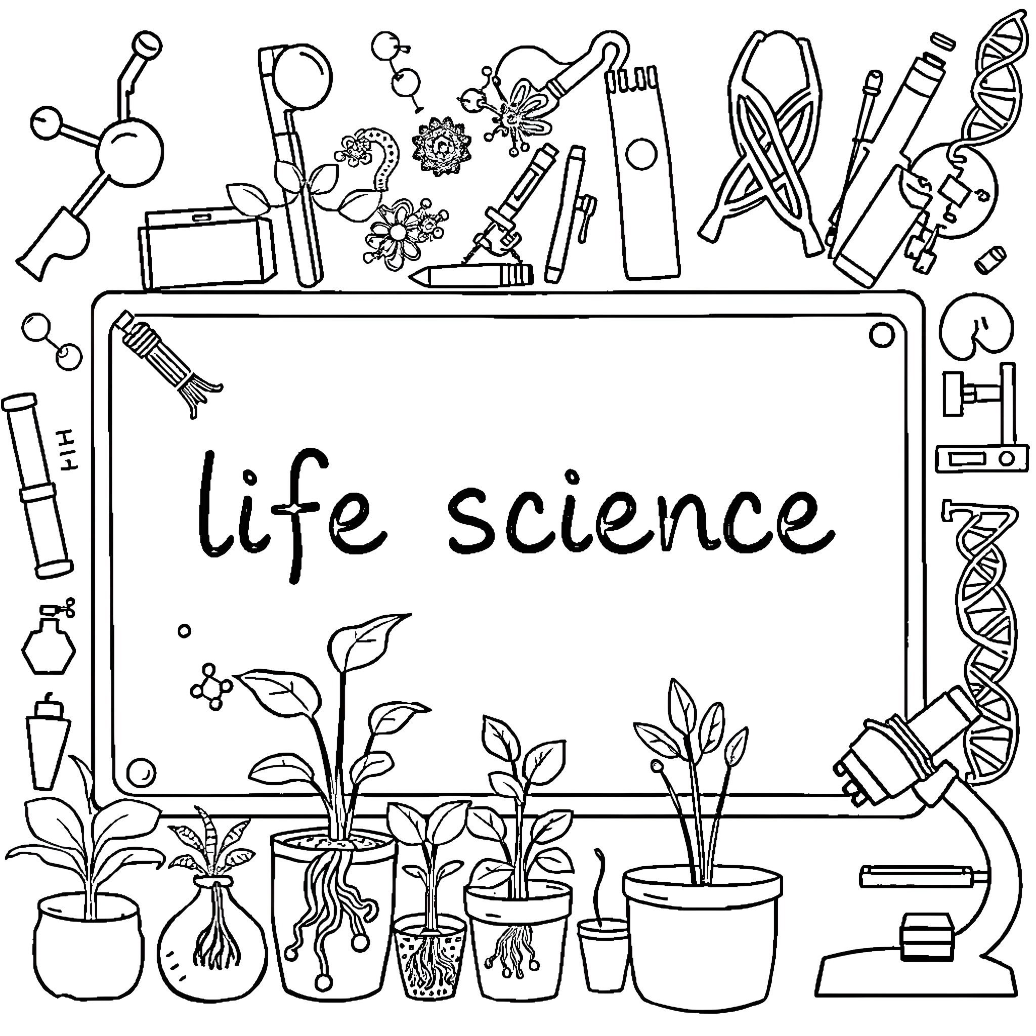 Life Science: Variety of Scientific Equipment and Plants Coloring Page (free black-and-white line drawing printable PDF for all, from beginners to advanced learners, including children, teens, adults, and seniors)
