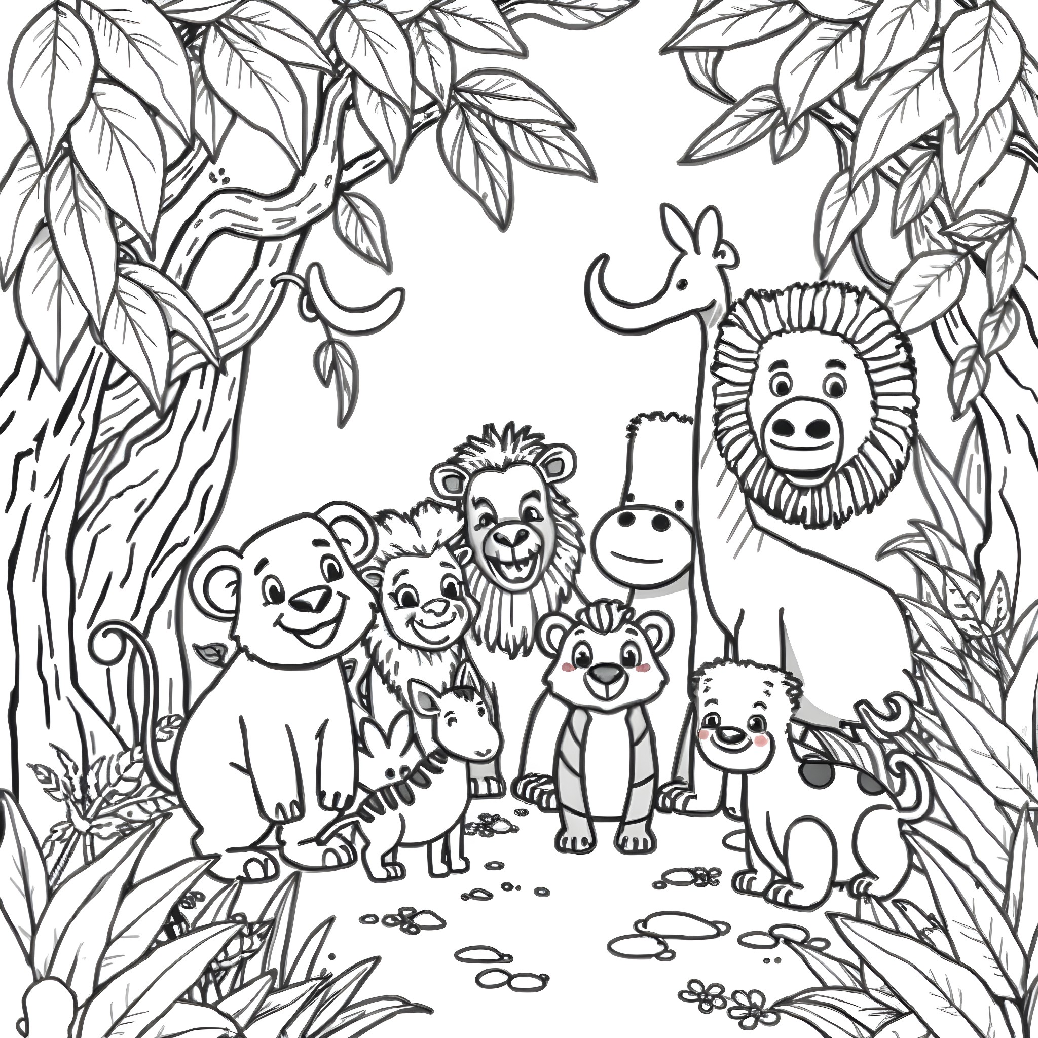 Friend Animals Gathered in Jungle Habitat Coloring Page (free black-and-white line drawing printable PDF for all, from beginners to advanced learners, including children, teens, adults, and seniors)
