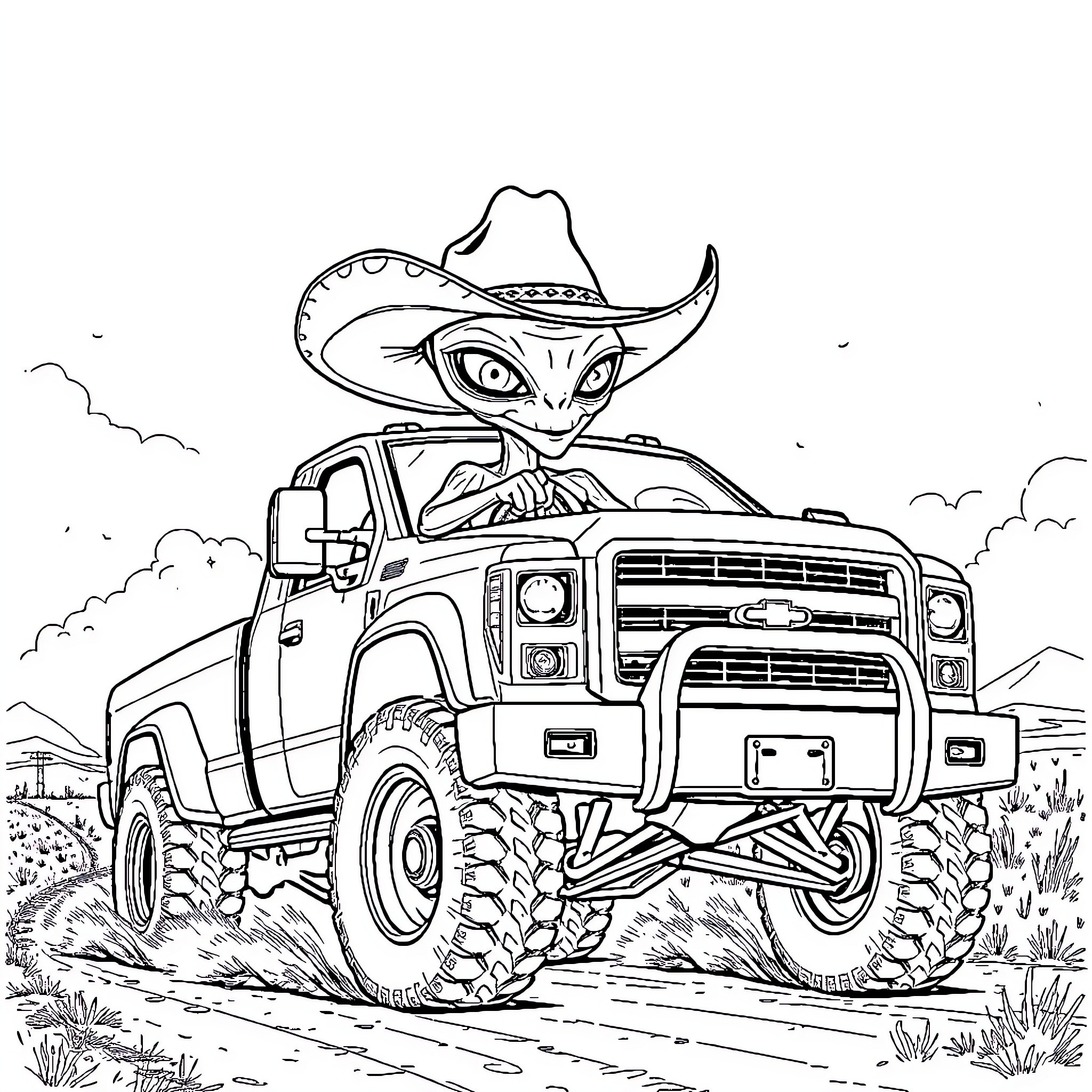 Alien riding a rugged pickup truck in the wild Coloring Page (free black-and-white line drawing printable PDF for all, from beginners to advanced learners, including children, teens, adults, and seniors)