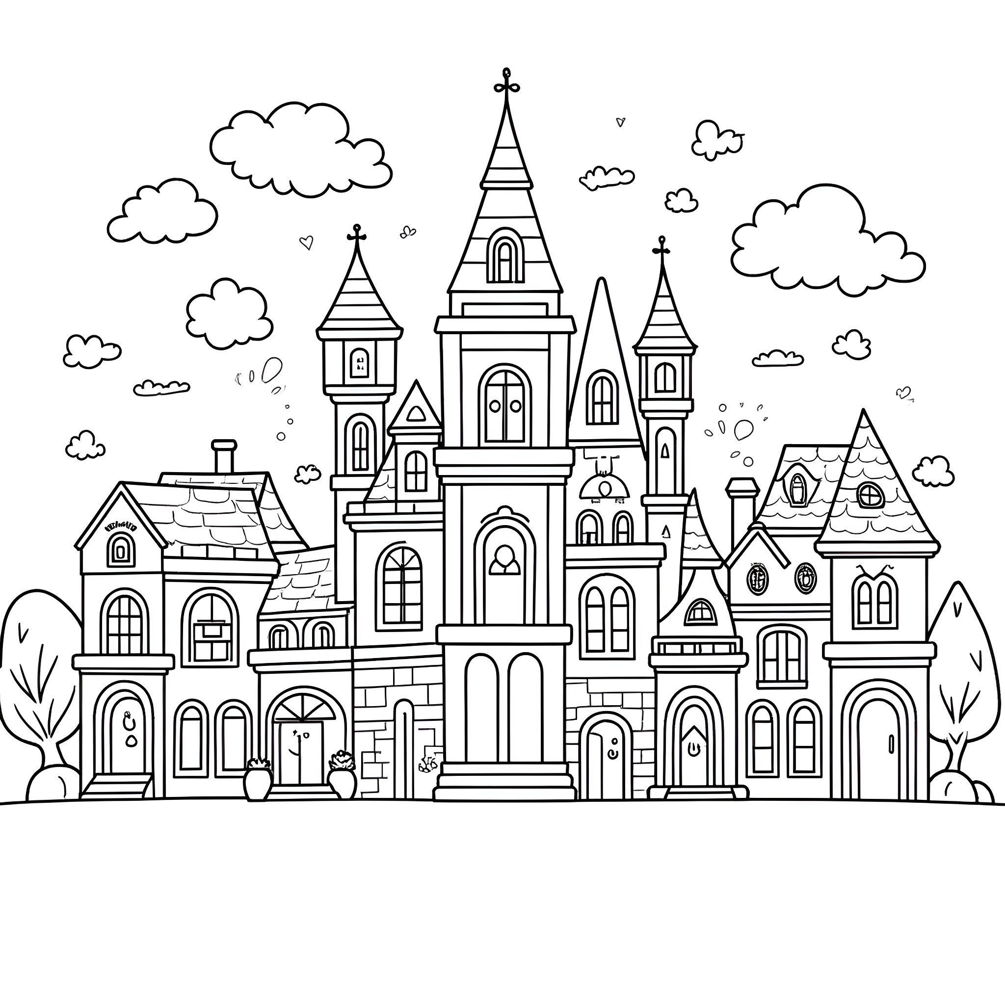 World of Whimsical Architectural Wonders Coloring Page (free black-and-white line drawing printable PDF for all, from beginners to advanced learners, including children, teens, adults, and seniors)