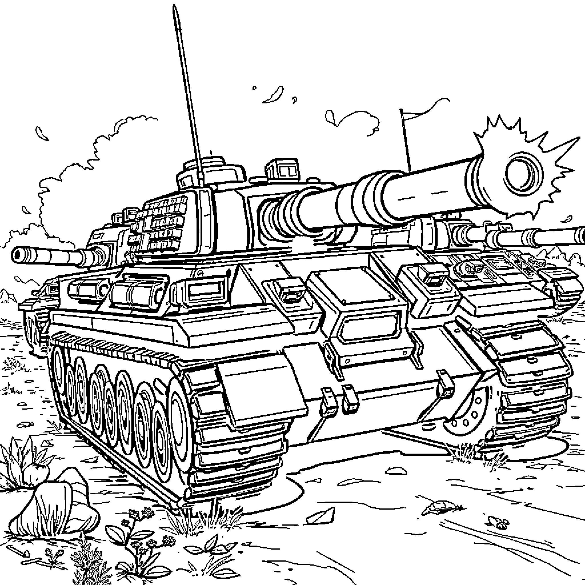 Tank in Battle Gear Advancing Through Landscape Coloring Page (free black-and-white line drawing printable PDF for all, from beginners to advanced learners, including children, teens, adults, and seniors)