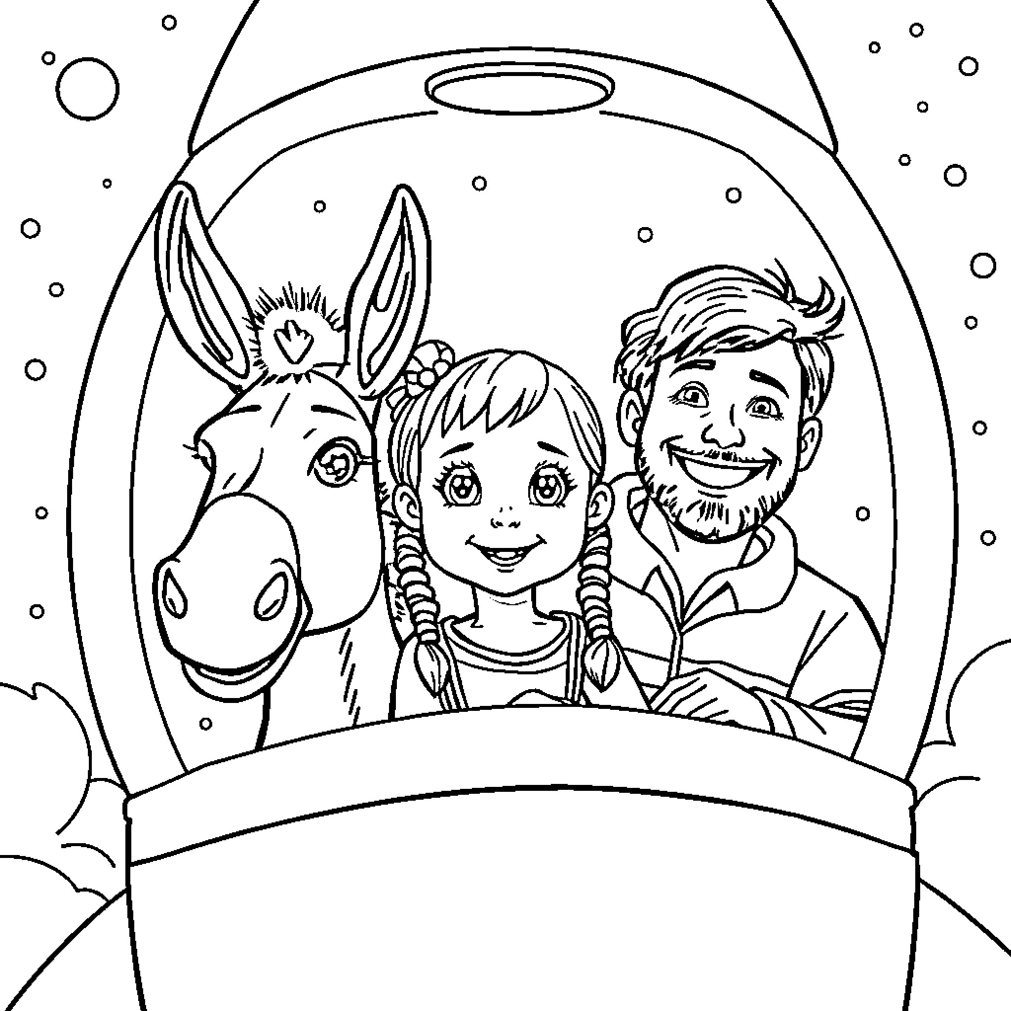 Donkey and friends in a snowy scene Coloring Page (free black-and-white line drawing printable PDF for all, from beginners to advanced learners, including children, teens, adults, and seniors)