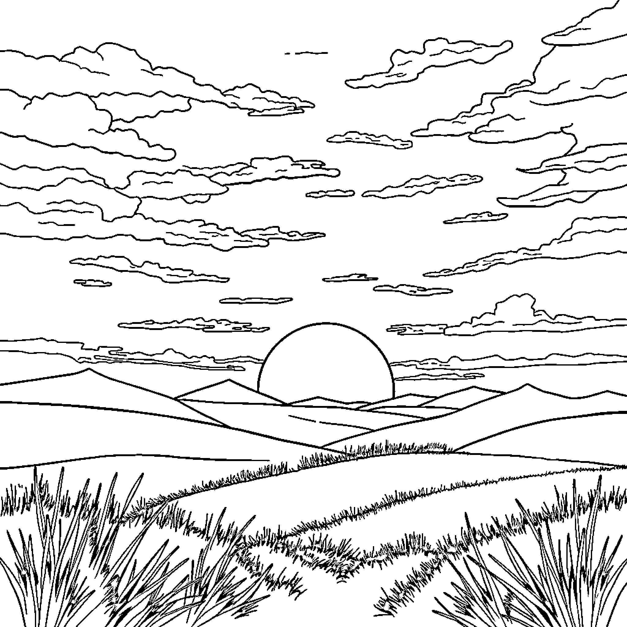 Scenery of a tranquil countryside landscape with clouds Coloring Page (free black-and-white line drawing printable PDF for all, from beginners to advanced learners, including children, teens, adults, and seniors)