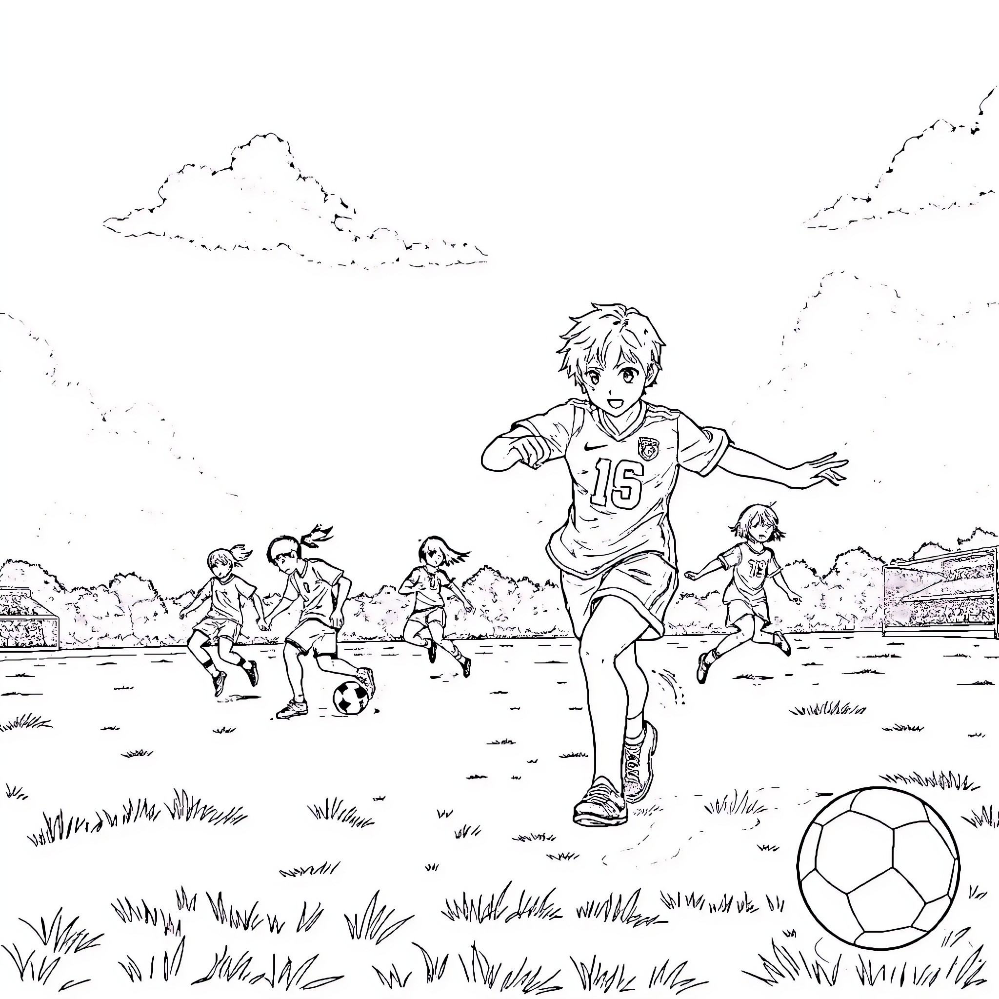 Anime Soccer Players in Action Coloring Page (free black-and-white line drawing printable PDF for all, from beginners to advanced learners, including children, teens, adults, and seniors)