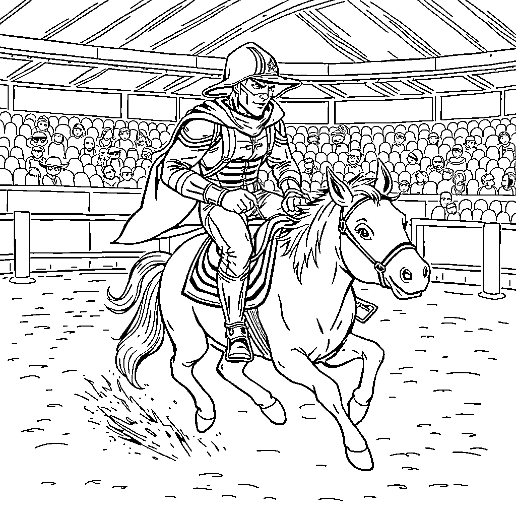 Dark Vader on horseback in a crowded arena Coloring Page (free black-and-white line drawing printable PDF for all, from beginners to advanced learners, including children, teens, adults, and seniors)
