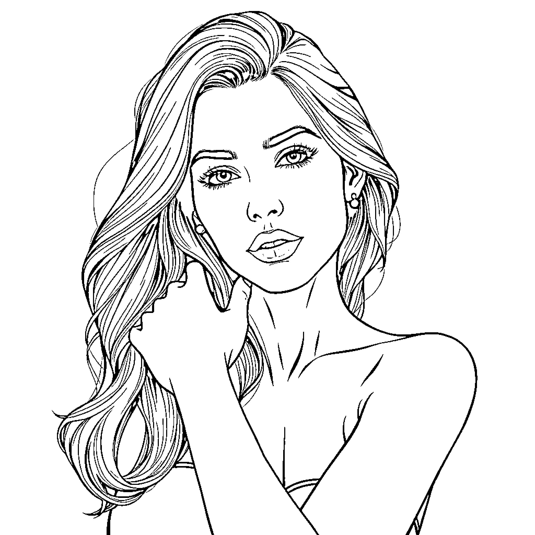 Woman with Flowing Hair and Piercing Gaze Coloring Page (free black-and-white line drawing printable PDF for all, from beginners to advanced learners, including children, teens, adults, and seniors)