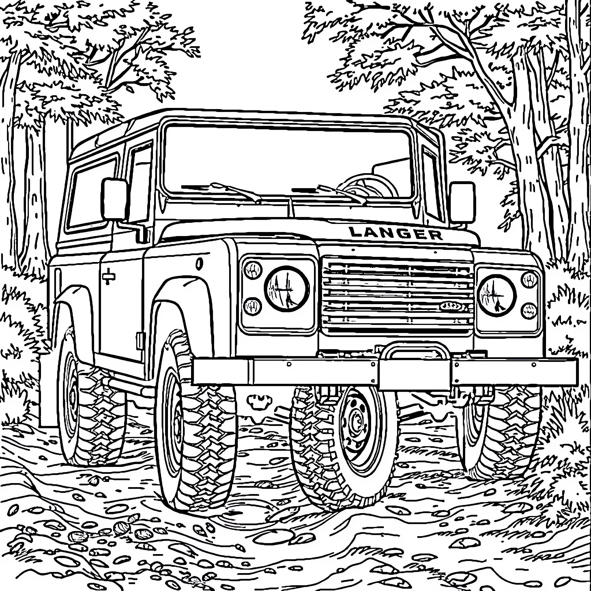 Landrover driving through the wilderness Coloring Page (free black-and-white line drawing printable PDF for all, from beginners to advanced learners, including children, teens, adults, and seniors)