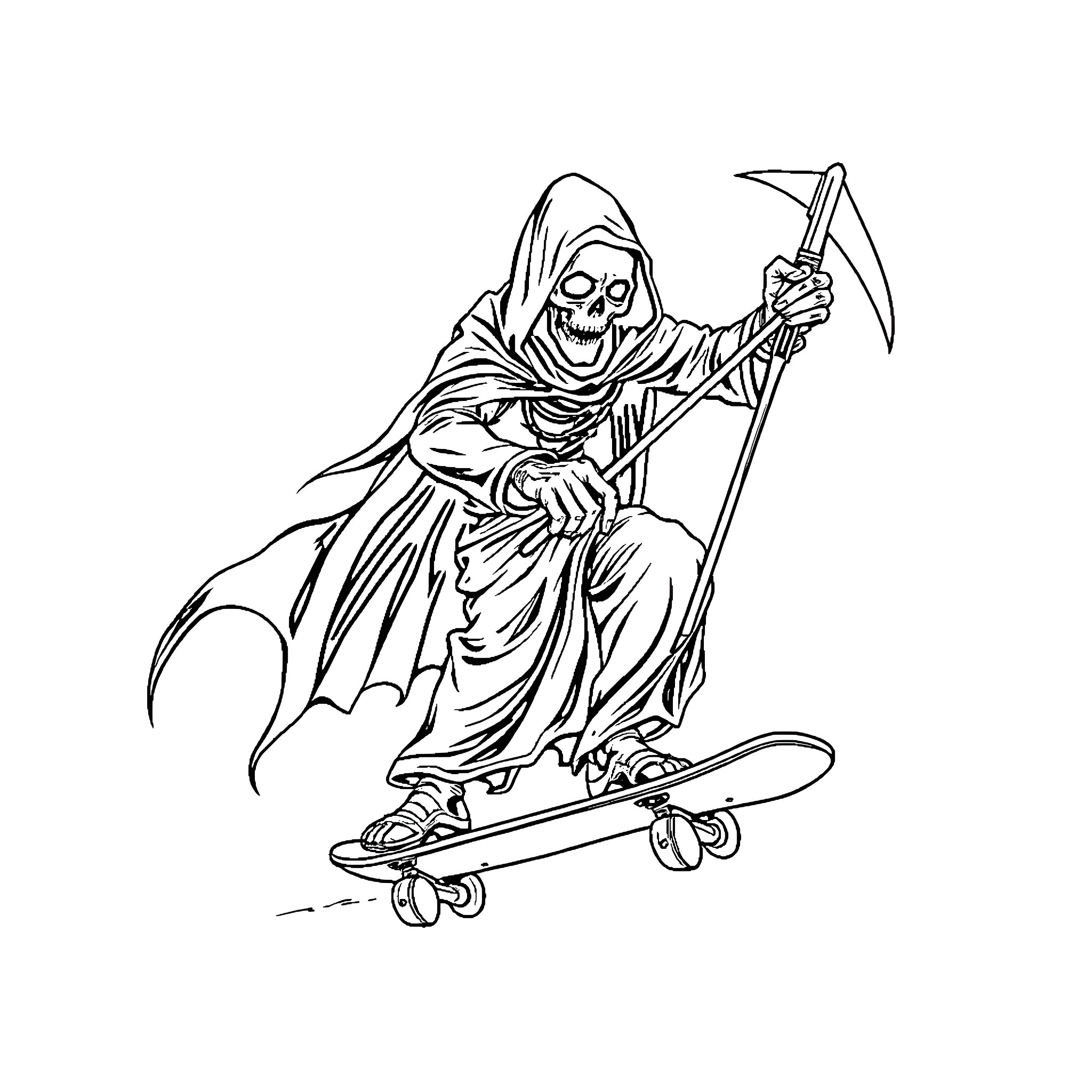 Grim Reaper Skating on Skateboard Coloring Page (free black-and-white line drawing printable PDF for all, from beginners to advanced learners, including children, teens, adults, and seniors)