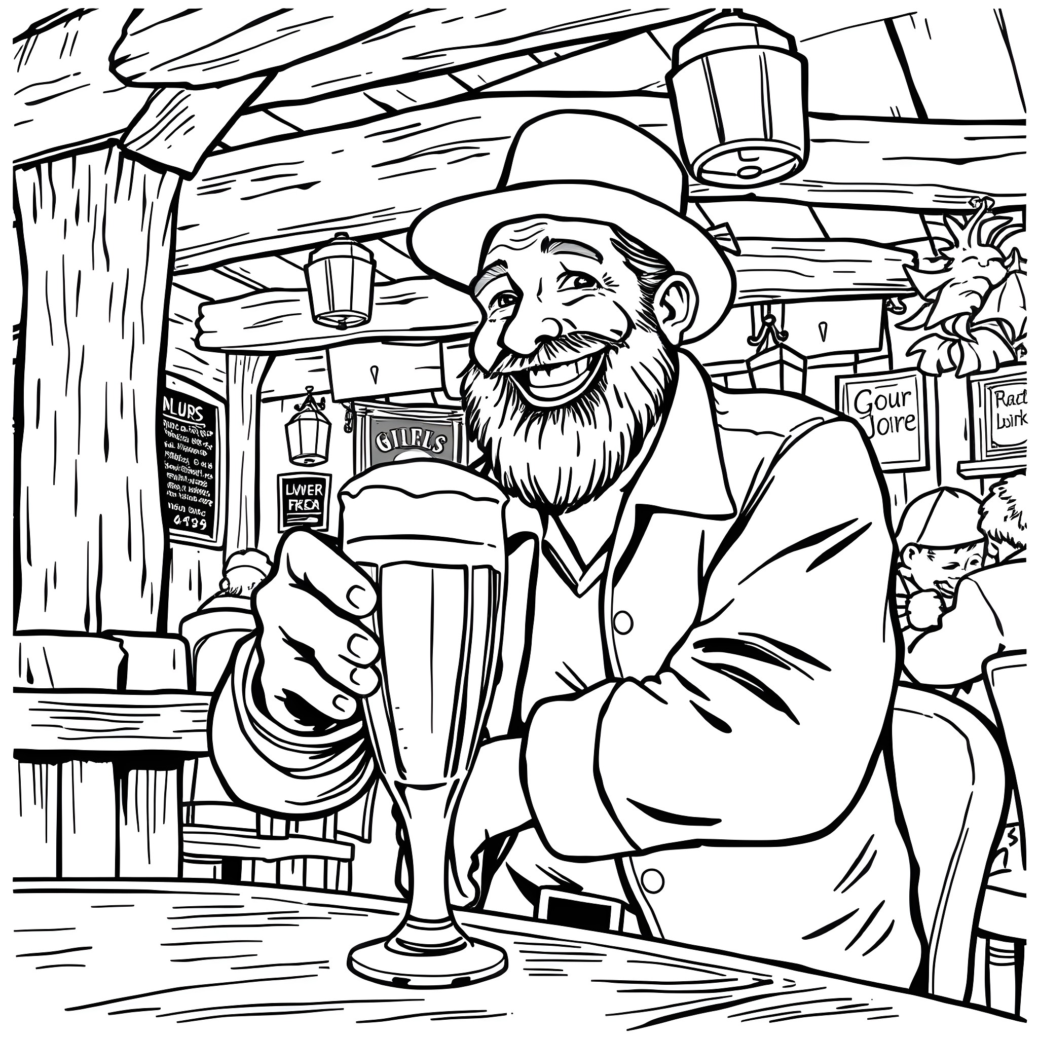 Irish Man Enjoying a Pint in a Lively Pub Coloring Page (free black-and-white line drawing printable PDF for all, from beginners to advanced learners, including children, teens, adults, and seniors)