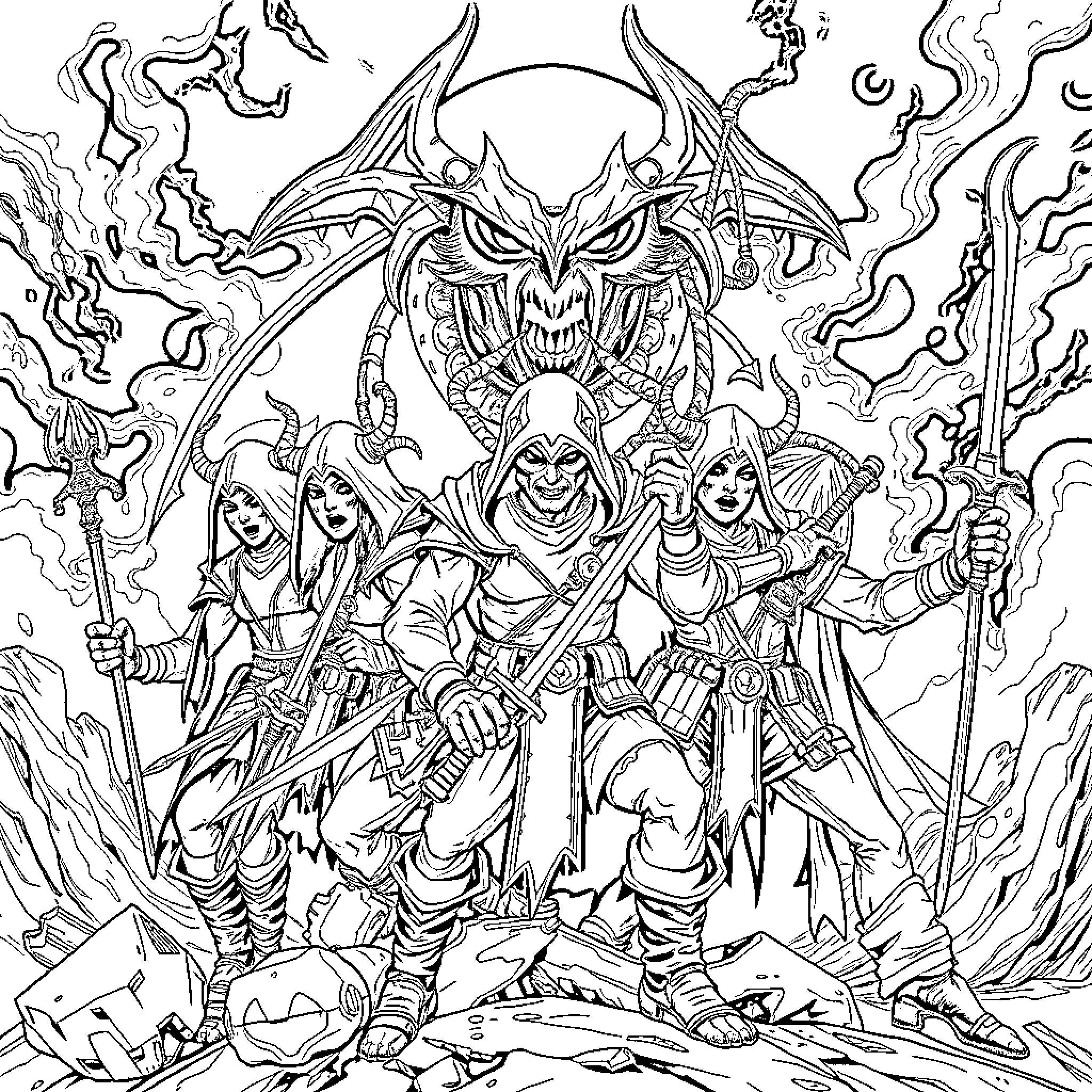 Demon Hunter Leads Fearsome Warriors Against Monstrous Foe Coloring Page (free black-and-white line drawing printable PDF for all, from beginners to advanced learners, including children, teens, adults, and seniors)