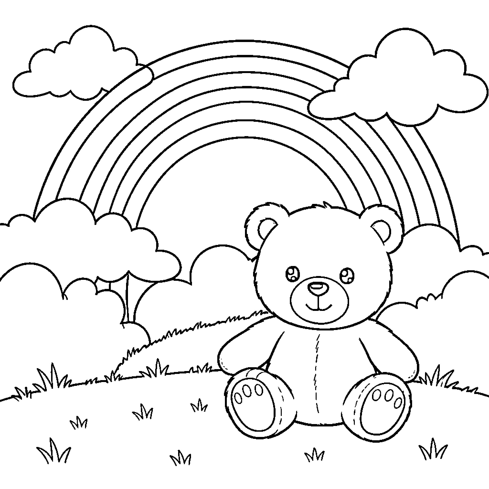 Teddy Bear sitting peacefully under a large rainbow Coloring Page (free black-and-white line drawing printable PDF for all, from beginners to advanced learners, including children, teens, adults, and seniors)