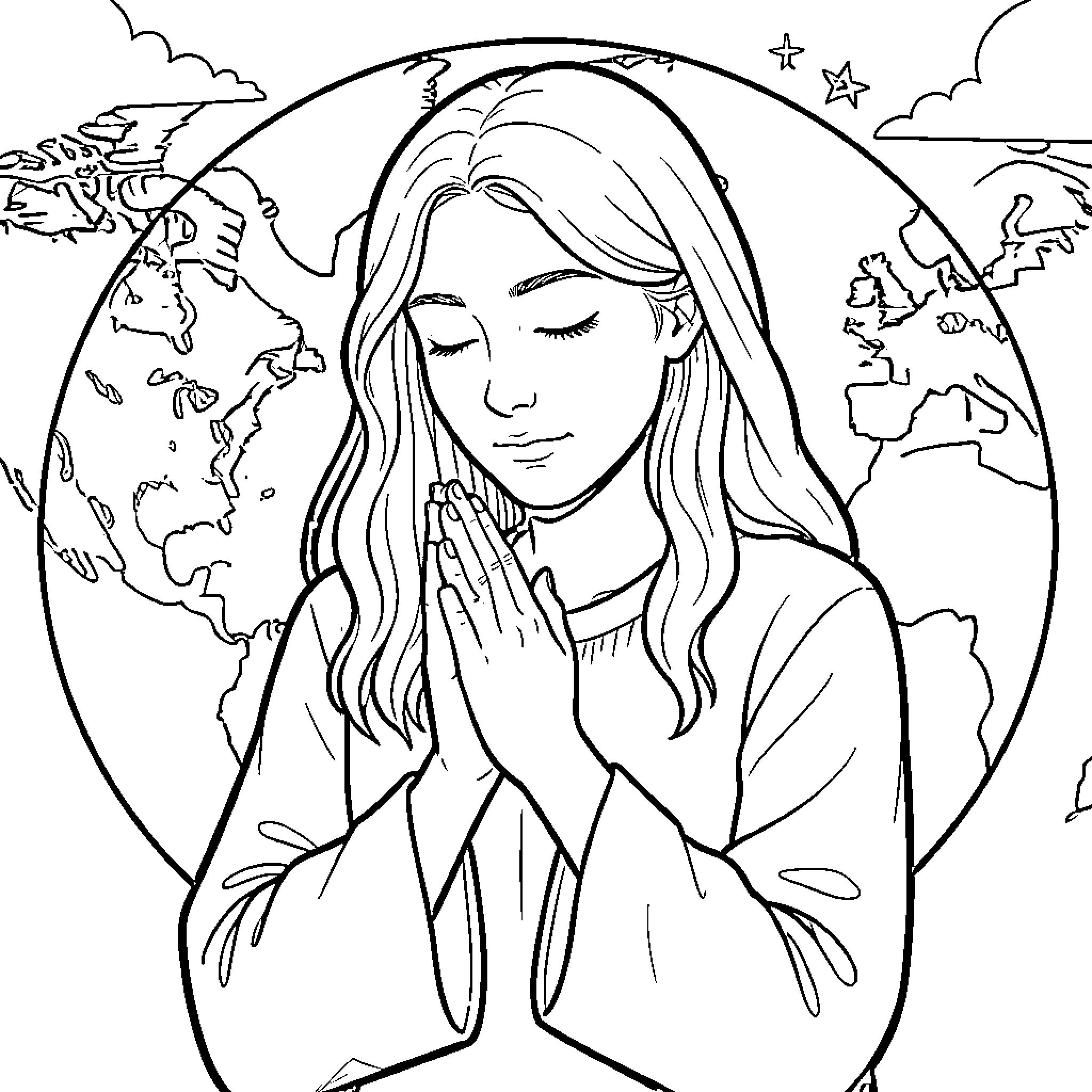 Prayer for the world Coloring Page (free black-and-white line drawing printable PDF for all, from beginners to advanced learners, including children, teens, adults, and seniors)