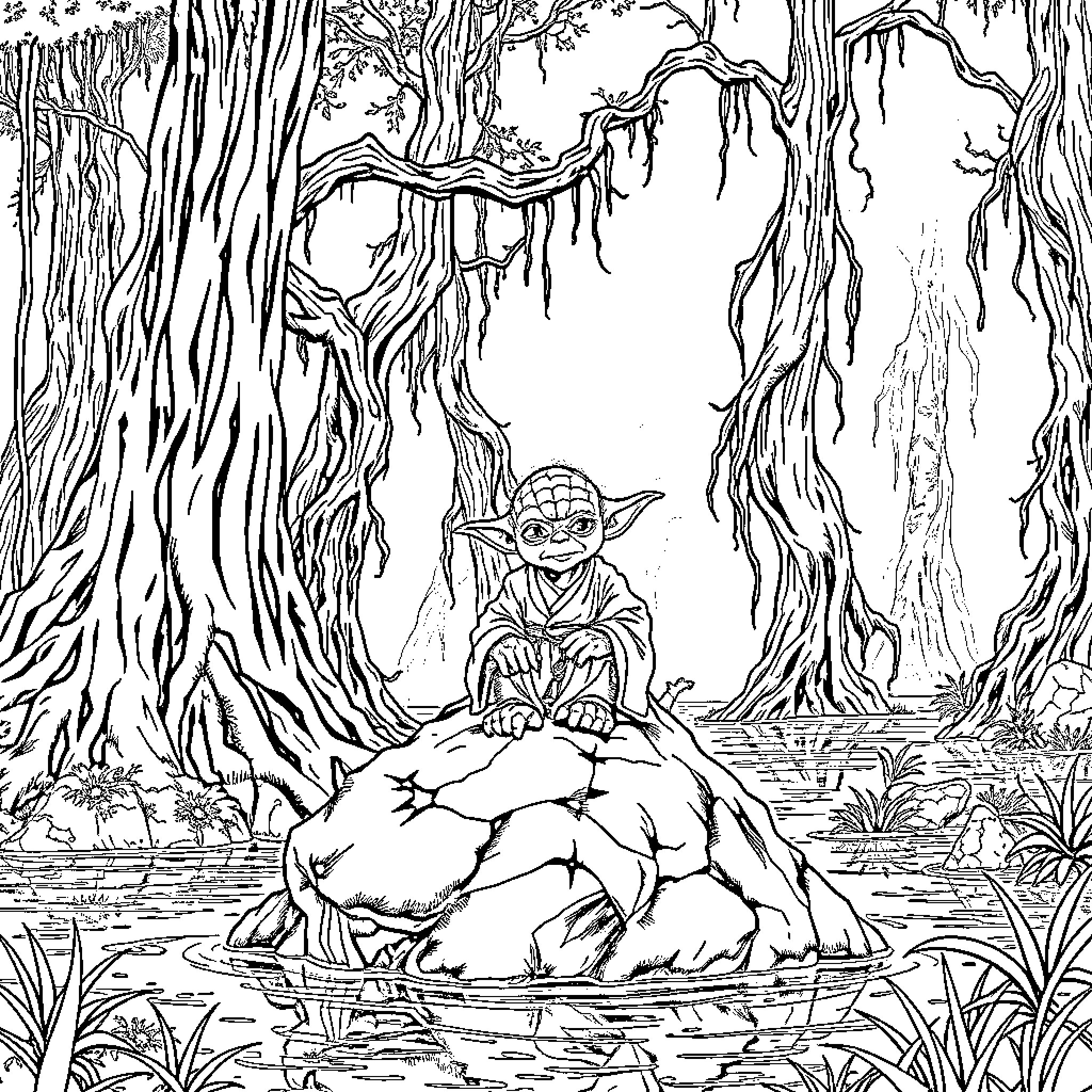 Yoda meditating in the swamp with nature Coloring Page (free black-and-white line drawing printable PDF for all, from beginners to advanced learners, including children, teens, adults, and seniors)
