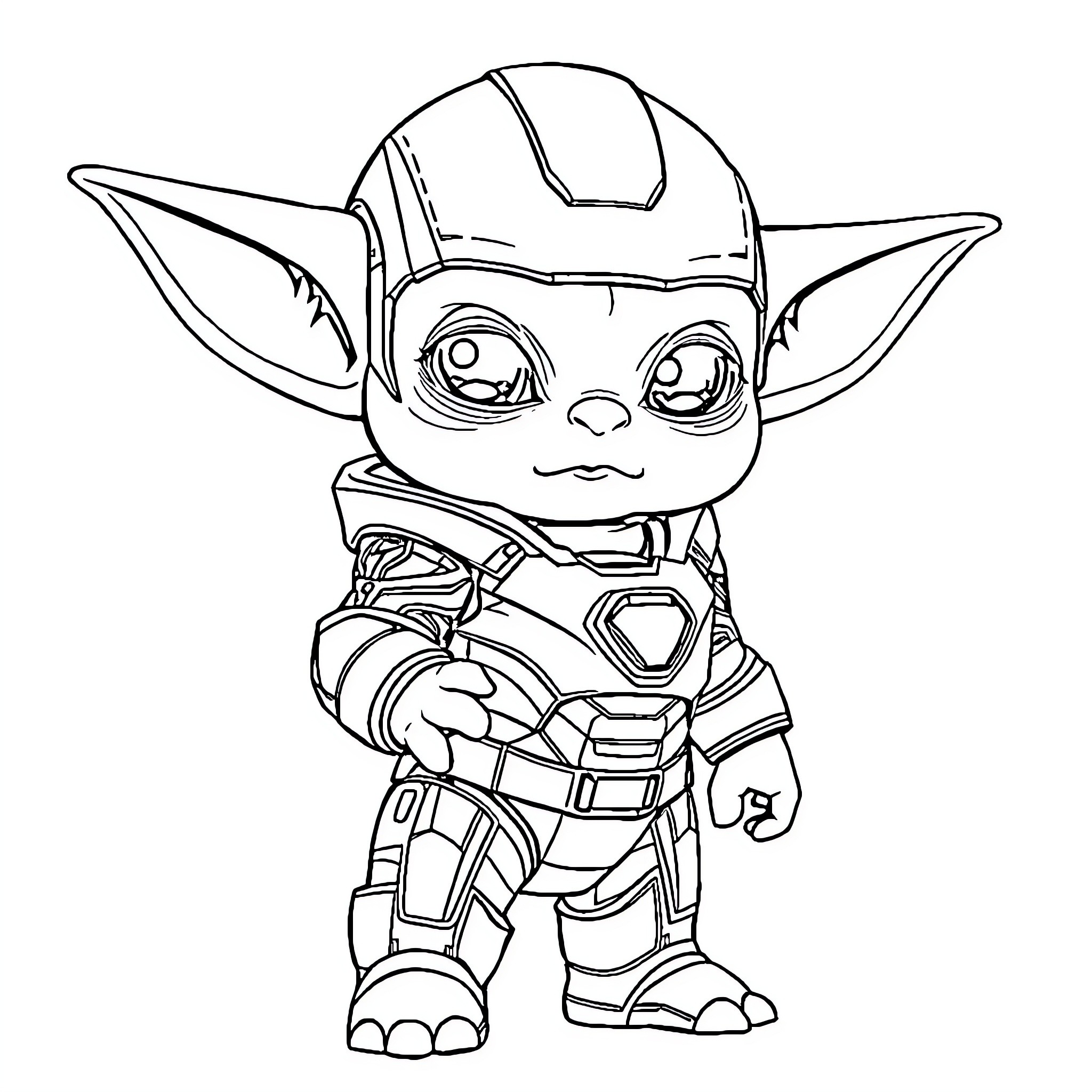Baby Yoda in Space Armor Outfit Coloring Page (free black-and-white line drawing printable PDF for all, from beginners to advanced learners, including children, teens, adults, and seniors)