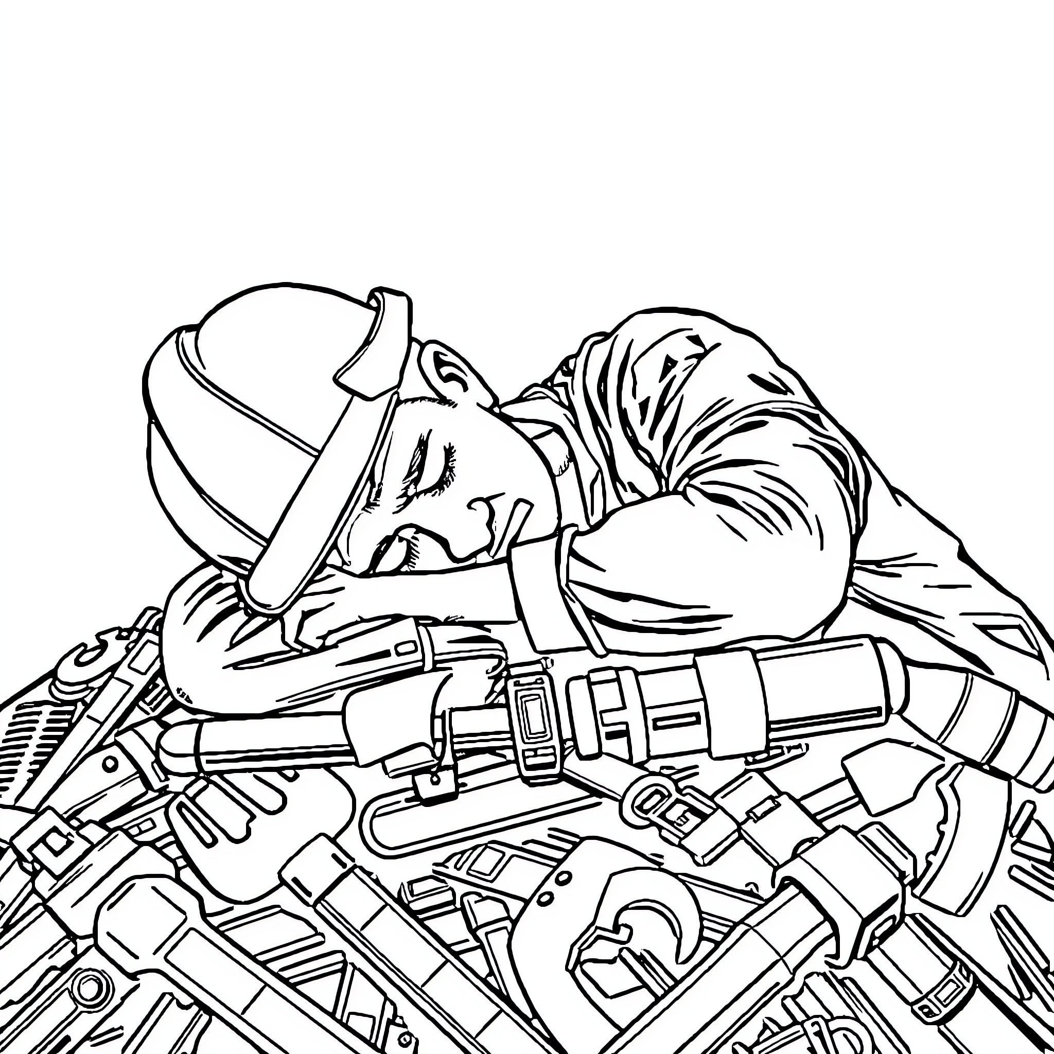 Construction Worker Resting After a Hard Day's Work Coloring Page (free black-and-white line drawing printable PDF for all, from beginners to advanced learners, including children, teens, adults, and seniors)