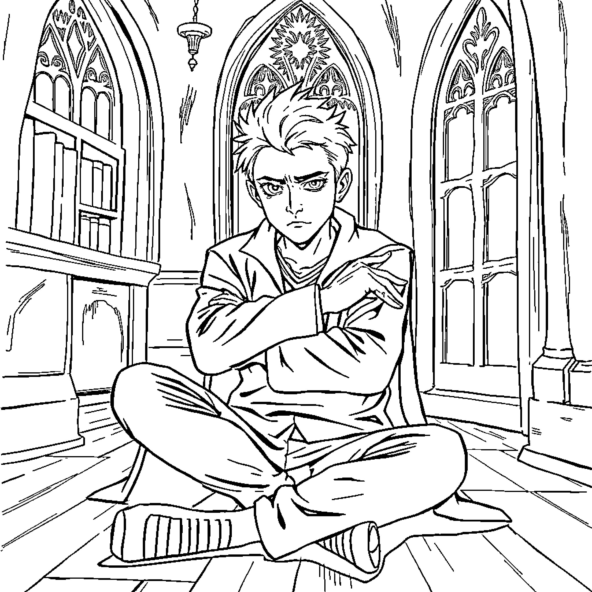 Draco Malfoy pondering in a gothic castle Coloring Page (free black-and-white line drawing printable PDF for all, from beginners to advanced learners, including children, teens, adults, and seniors)