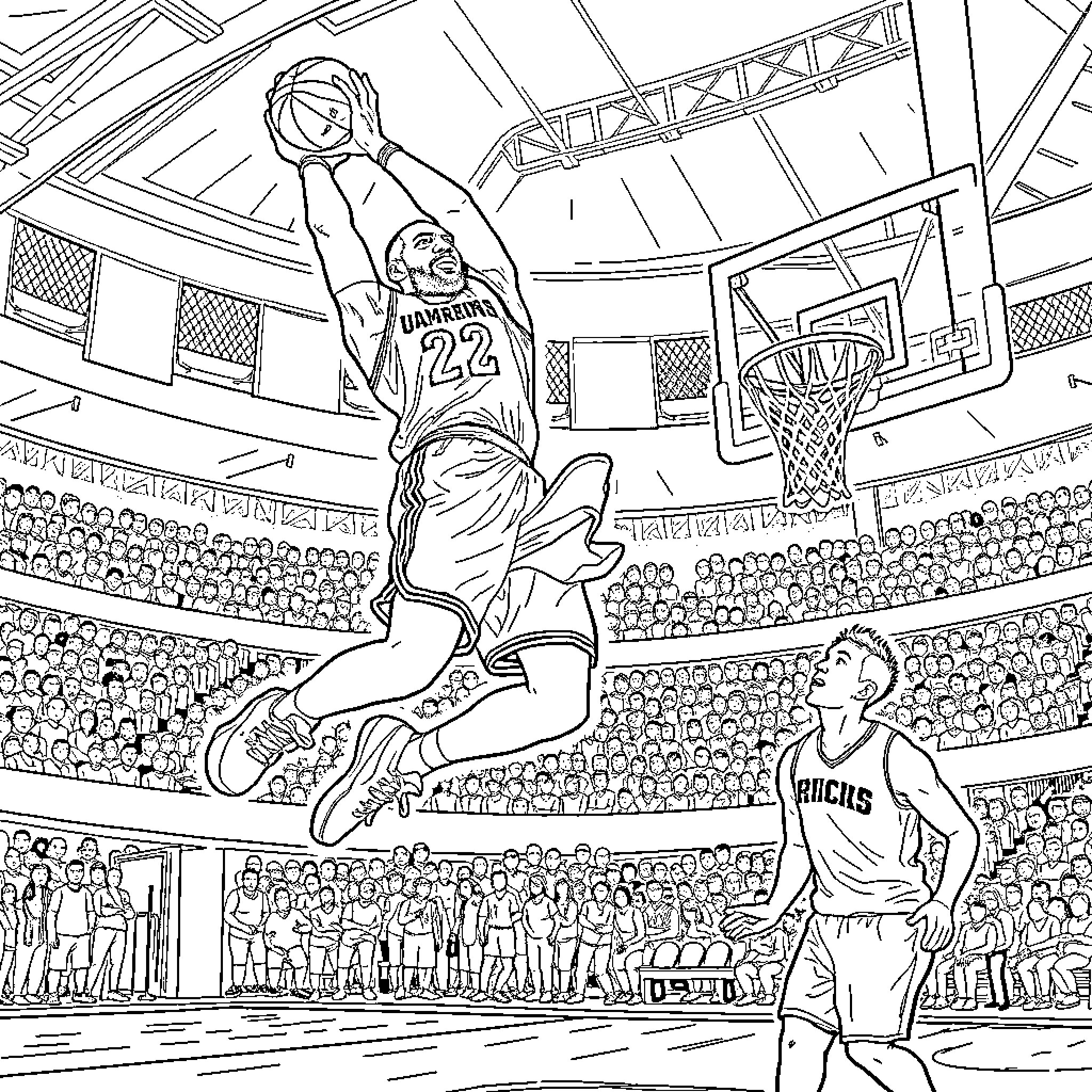 LeBron's Powerful Dunk in Basketball Stadium Coloring Page (free black-and-white line drawing printable PDF for all, from beginners to advanced learners, including children, teens, adults, and seniors)