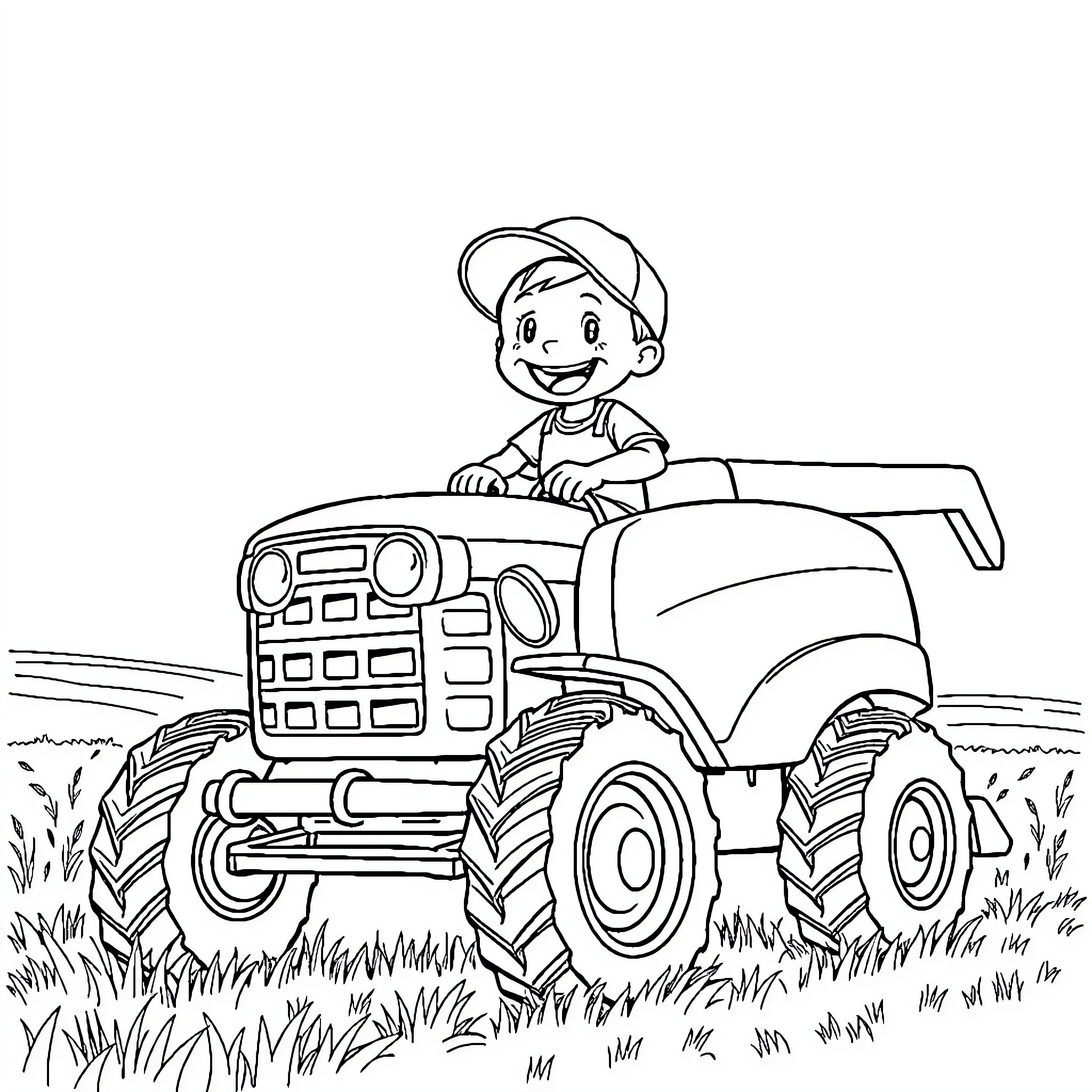 Boy driving a tractor in the field Coloring Page (free black-and-white line drawing printable PDF for all, from beginners to advanced learners, including children, teens, adults, and seniors)