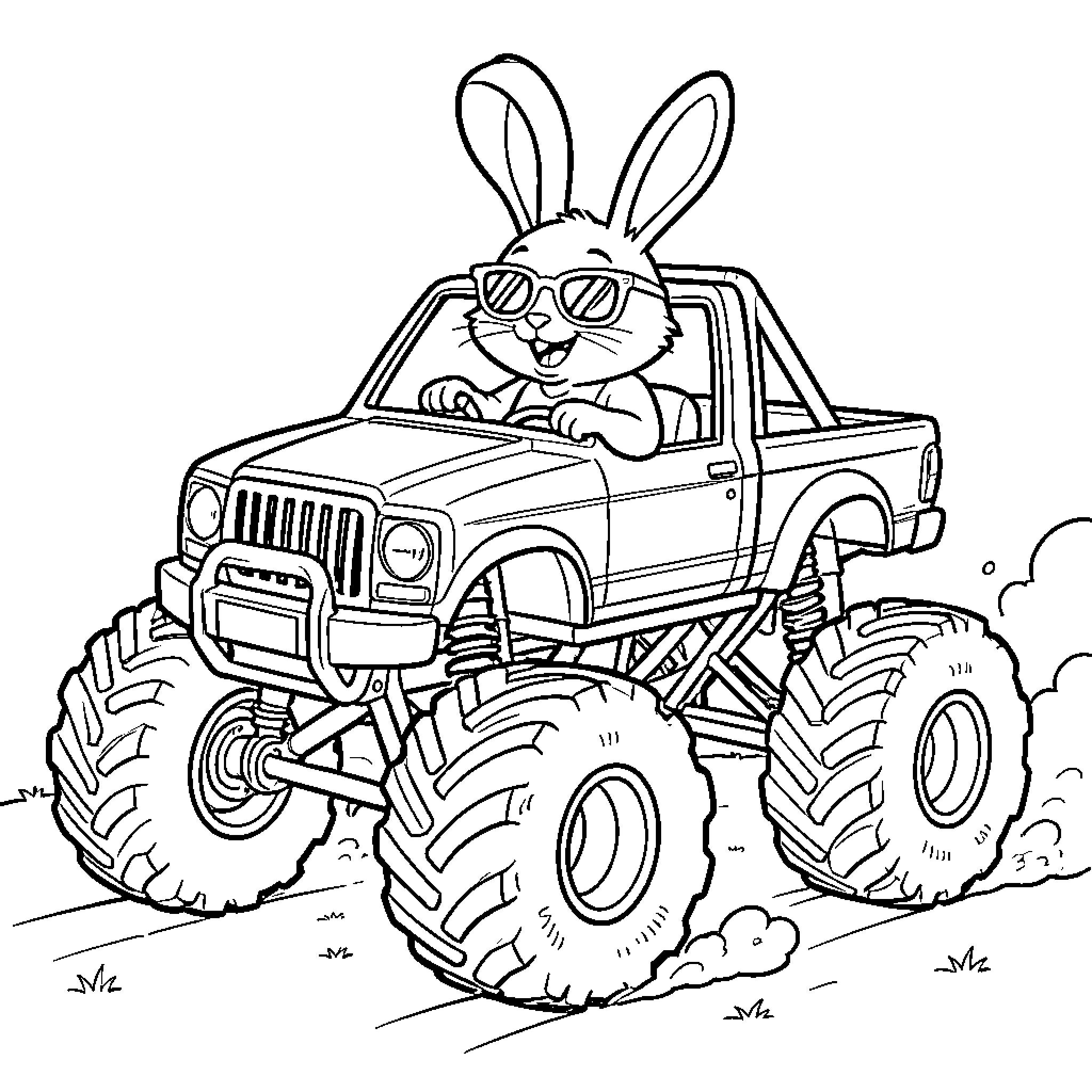 Easter Bunny driving a monster truck through the mud Coloring Page (free black-and-white line drawing printable PDF for all, from beginners to advanced learners, including children, teens, adults, and seniors)