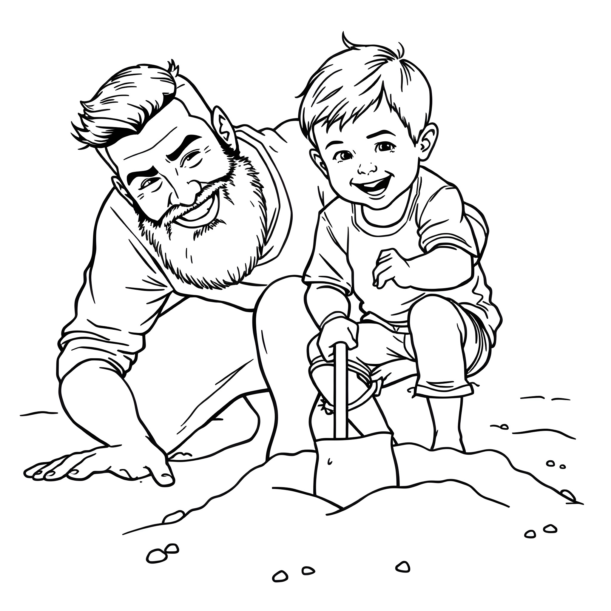 Dad and Son Building Sandcastle Together Coloring Page (free black-and-white line drawing printable PDF for all, from beginners to advanced learners, including children, teens, adults, and seniors)