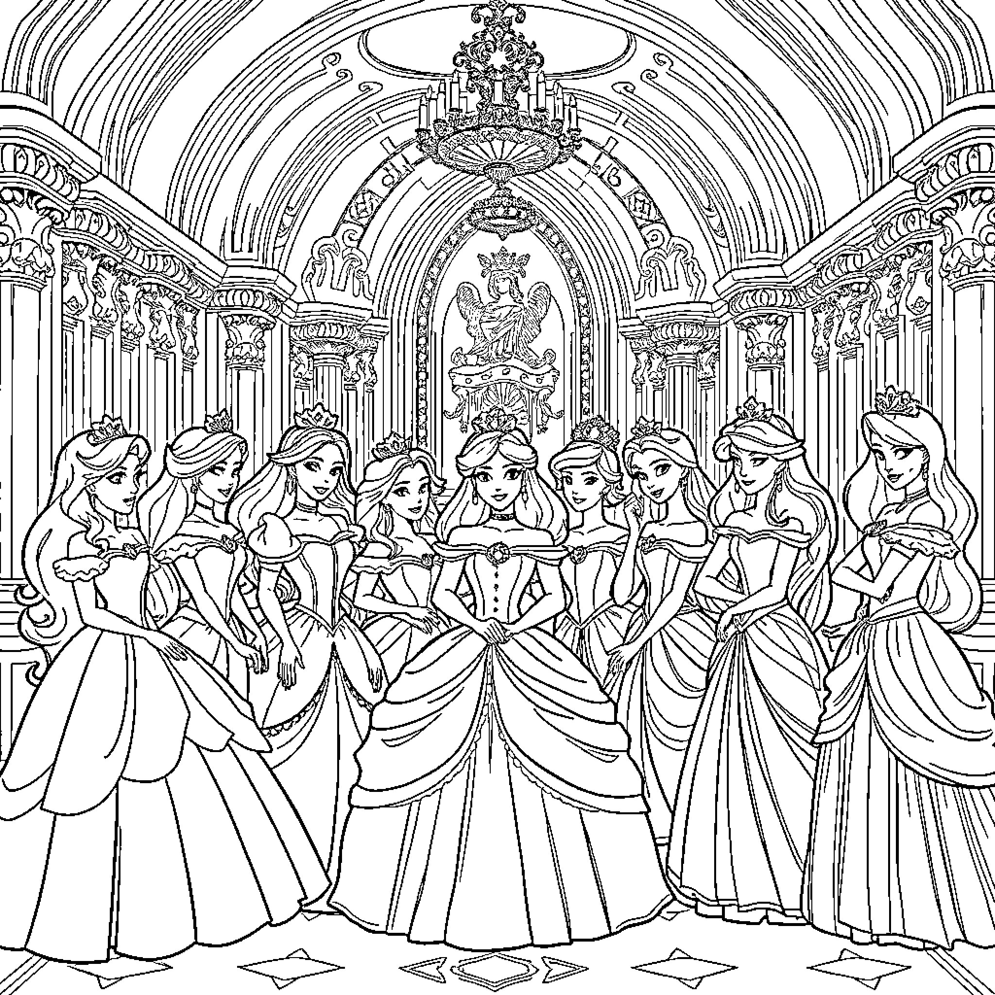 Princess Gathering in a Lavish Palace Coloring Page (free black-and-white line drawing printable PDF for all, from beginners to advanced learners, including children, teens, adults, and seniors)