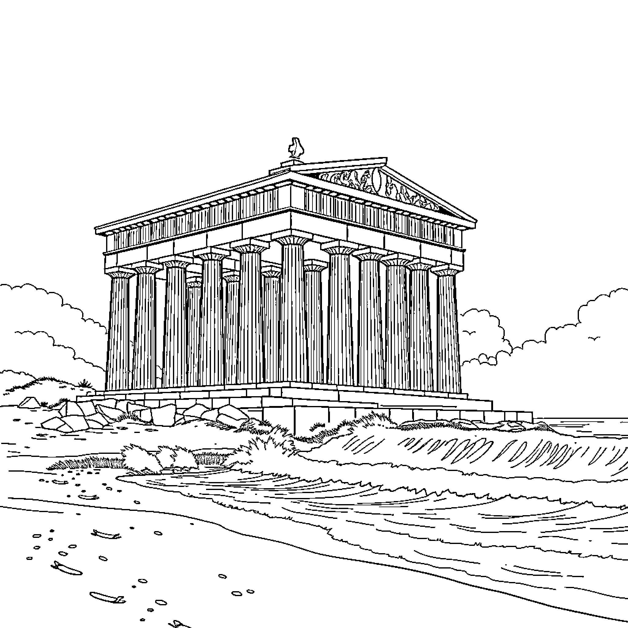 Temple of Ancient Greek Architecture Coloring Page (free black-and-white line drawing printable PDF for all, from beginners to advanced learners, including children, teens, adults, and seniors)
