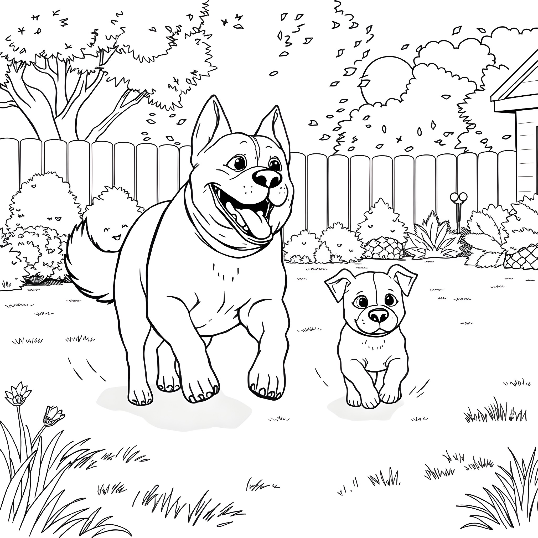 Dog family playing happily in the backyard Coloring Page (free black-and-white line drawing printable PDF for all, from beginners to advanced learners, including children, teens, adults, and seniors)